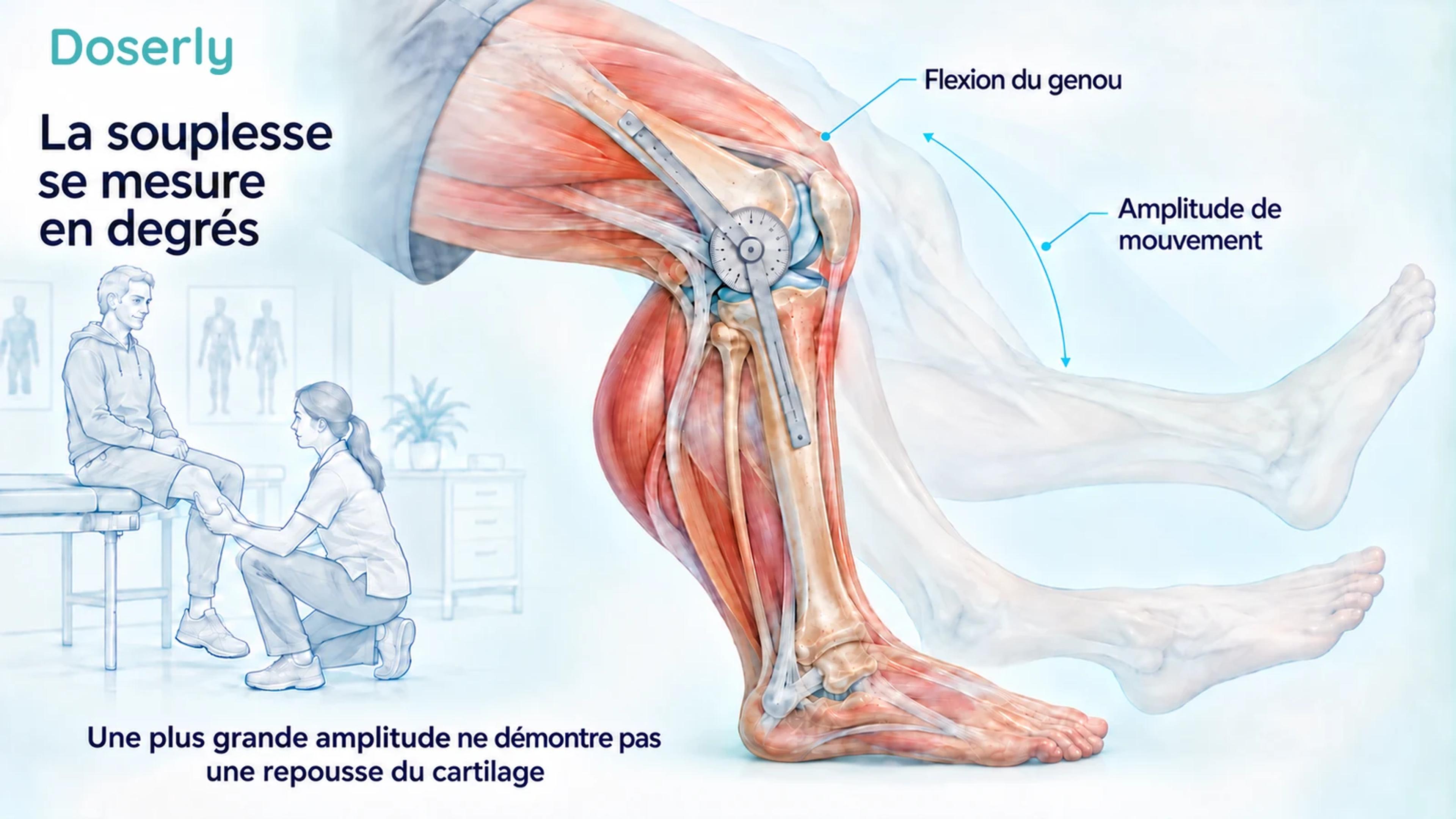 Un genou et un goniomètre illustrent l’évaluation de l’amplitude de mouvement lors d’un examen clinique.