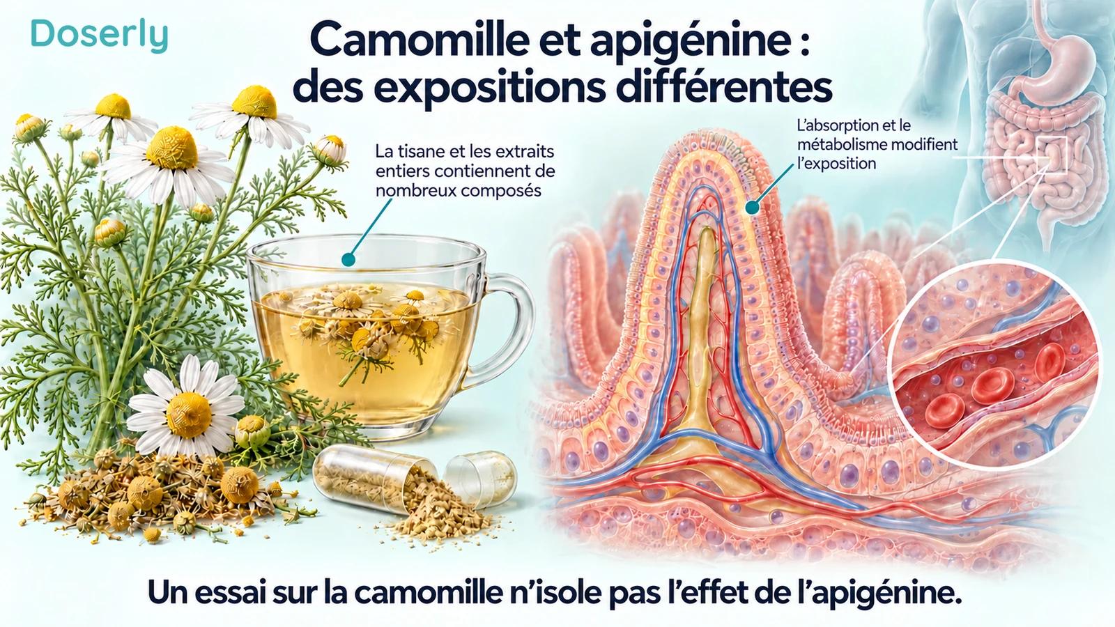 Des fleurs de camomille, une tisane et une capsule d’extrait à côté d’une illustration détaillée d’une villosité intestinale.