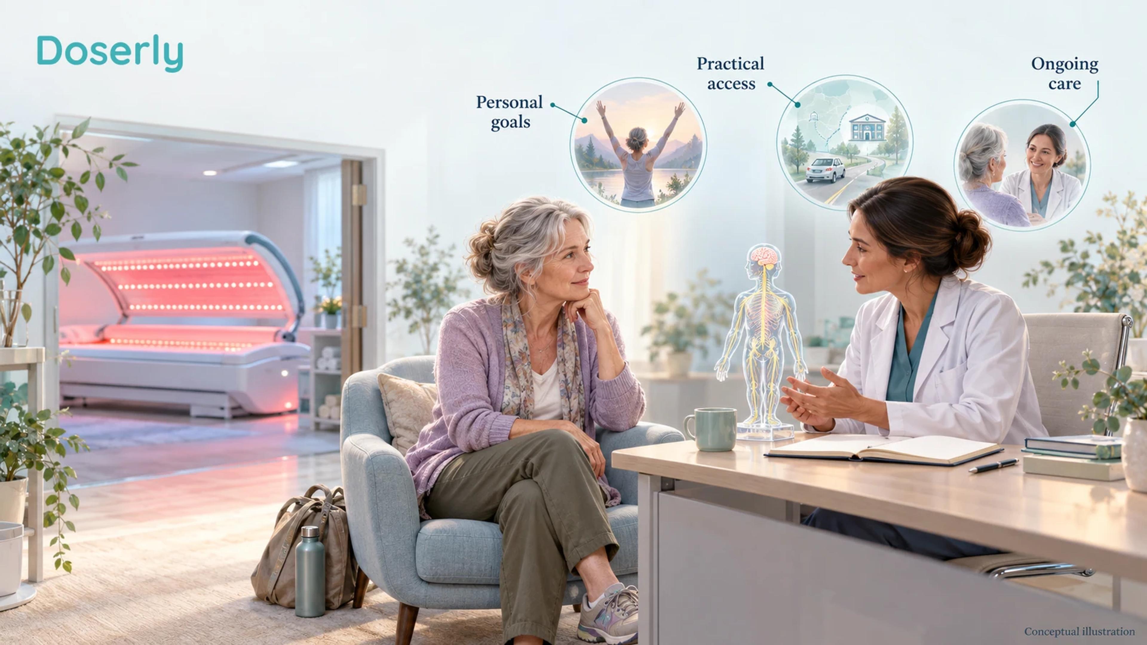 A patient and clinician discuss a blank symptom notebook beside a whole-body light room, comfortable chair and walking shoes.