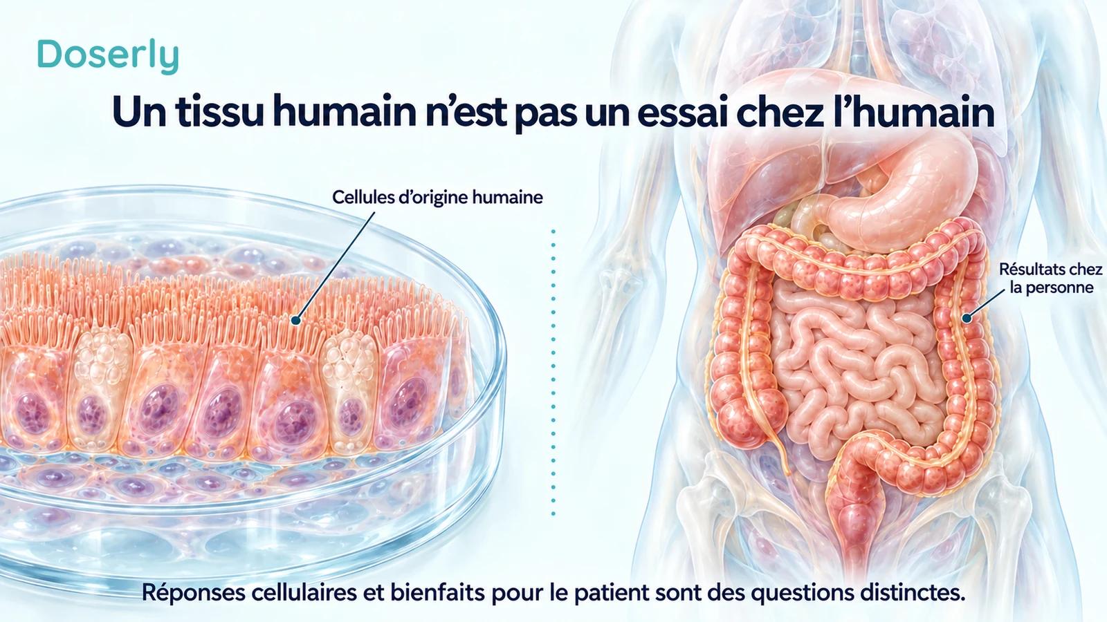 Cellules intestinales d’origine humaine dans une boîte de culture, à côté d’un torse translucide montrant l’anatomie digestive.