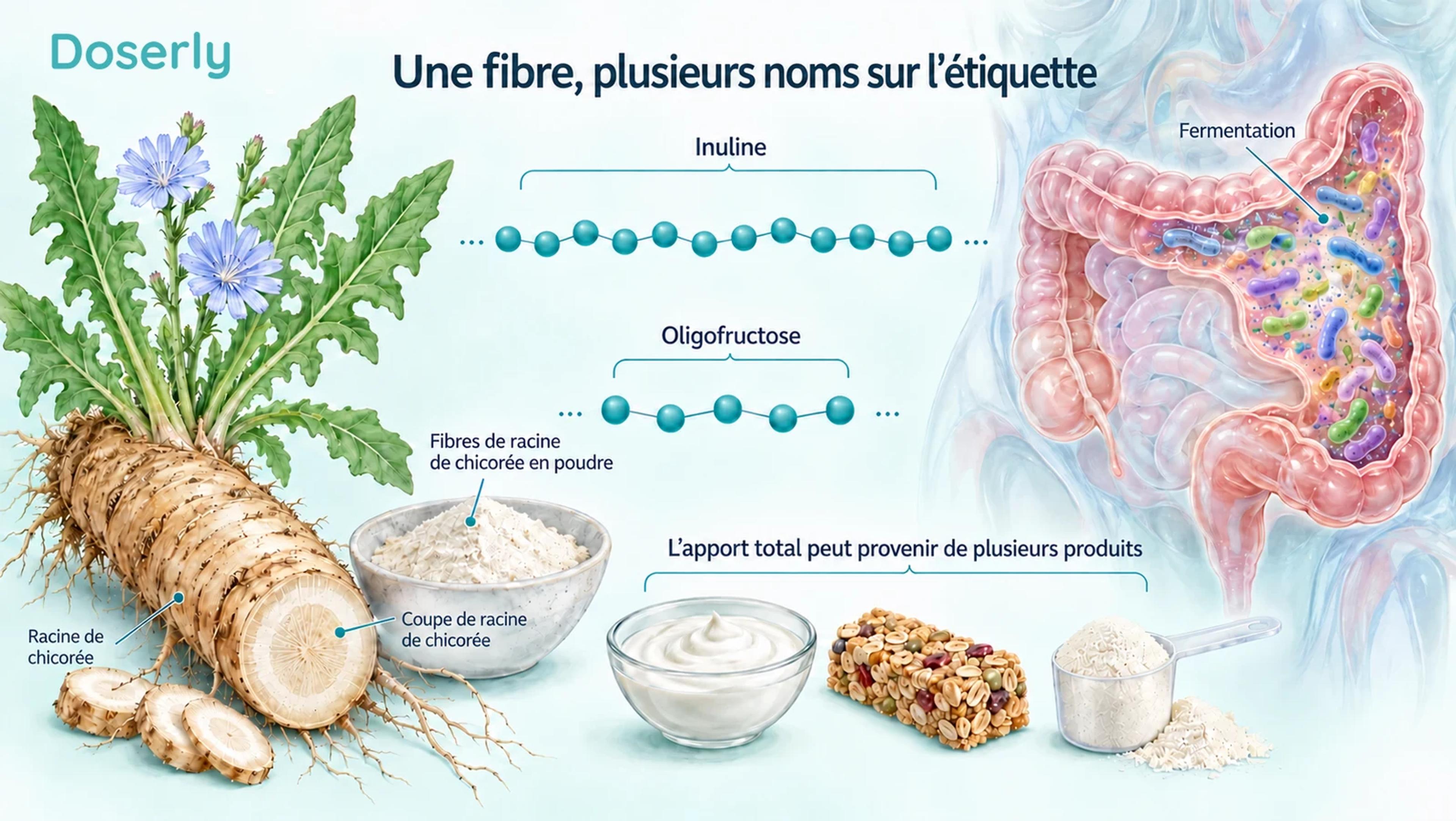 Racine de chicorée, schémas de longues et de courtes chaînes de fibres, aliments enrichis et fermentation dans le côlon.