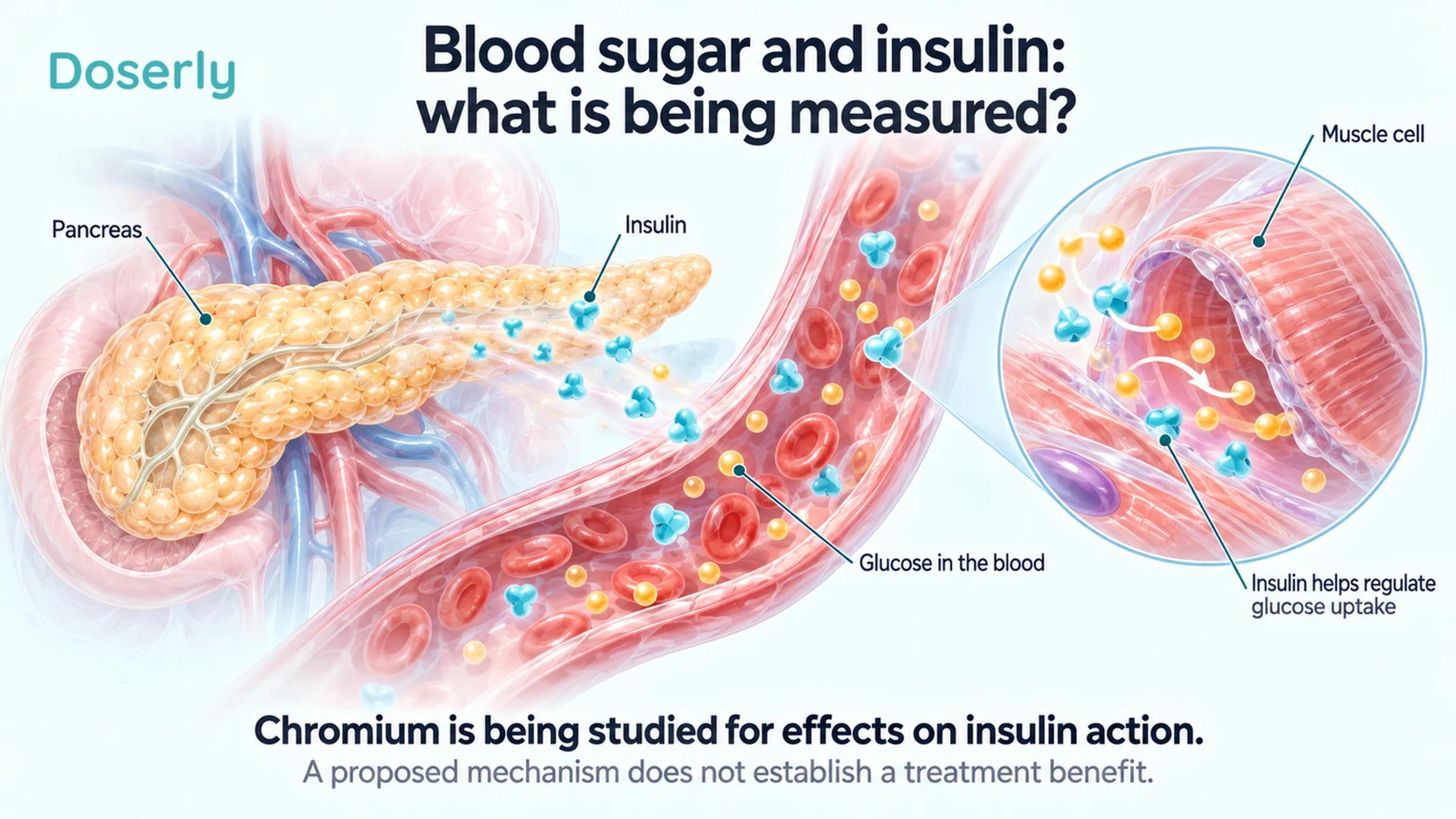 Translucent pancreas, blood vessel and magnified muscle cell explaining insulin and glucose regulation.