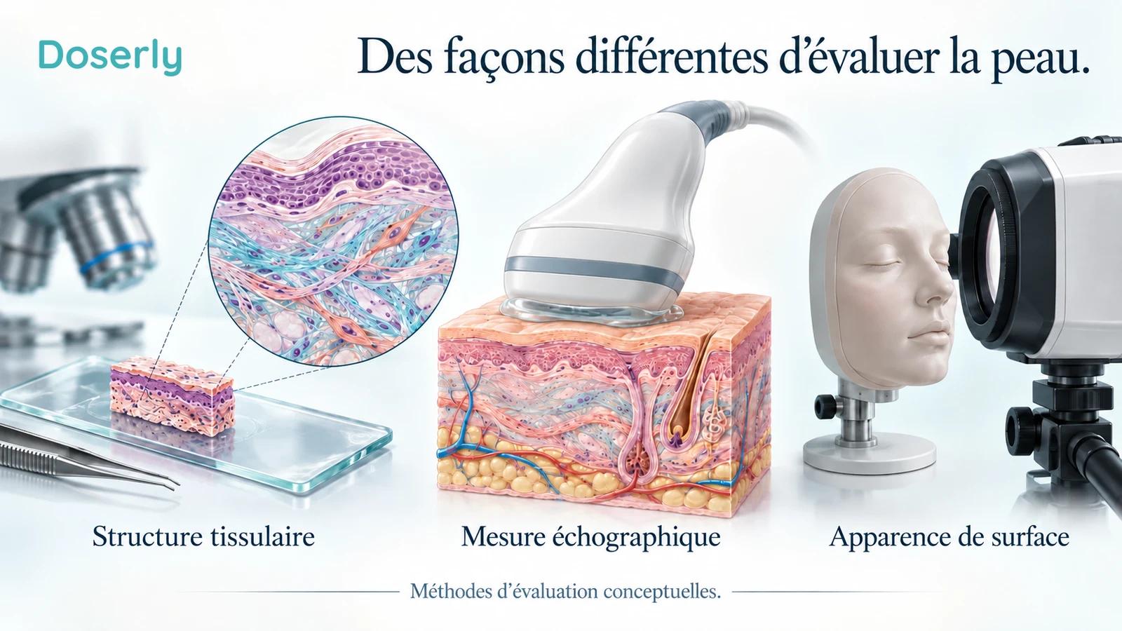 Un échantillon de biopsie cutanée, une sonde échographique et une caméra d’imagerie de surface illustrent trois façons différentes d’évaluer la peau.
