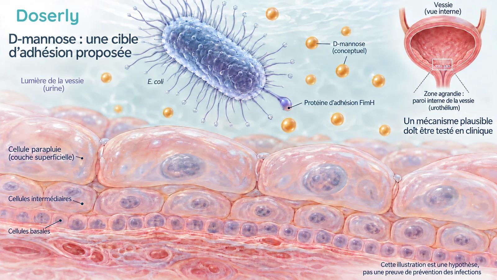 Représentation conceptuelle des structures d’adhésion d’E. coli près des couches de la paroi interne de la vessie, avec le D-mannose représenté par de simples sphères.