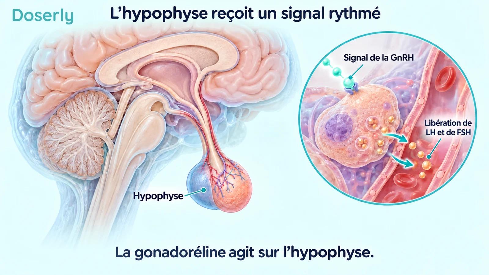 Anatomie détaillée de l’hypophyse à côté d’un encadré conceptuel distinct montrant une cellule endocrine, la signalisation de la GnRH et la libération de LH et de FSH dans un capillaire.