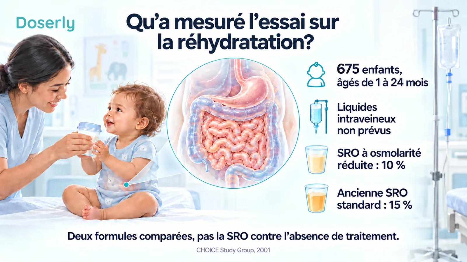 Une personne offrant une solution de réhydratation orale à un enfant, avec l’anatomie intestinale et les résultats de l’essai CHOICE : 10 % contre 15 % pour l’administration non prévue de liquides intraveineux.