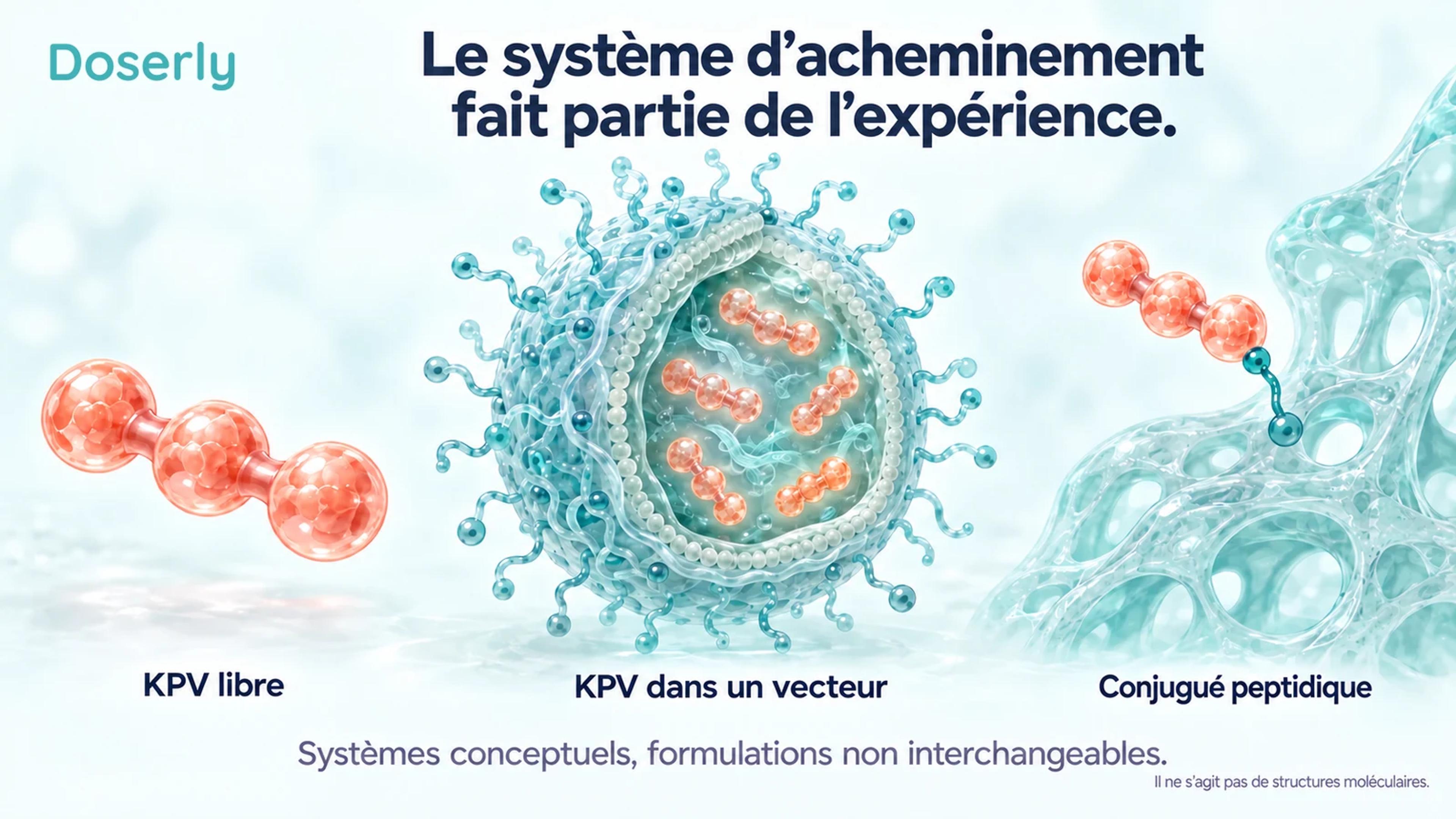 Des illustrations conceptuelles comparent le KPV libre, un peptide incorporé dans un vecteur et un peptide lié à une structure de support.