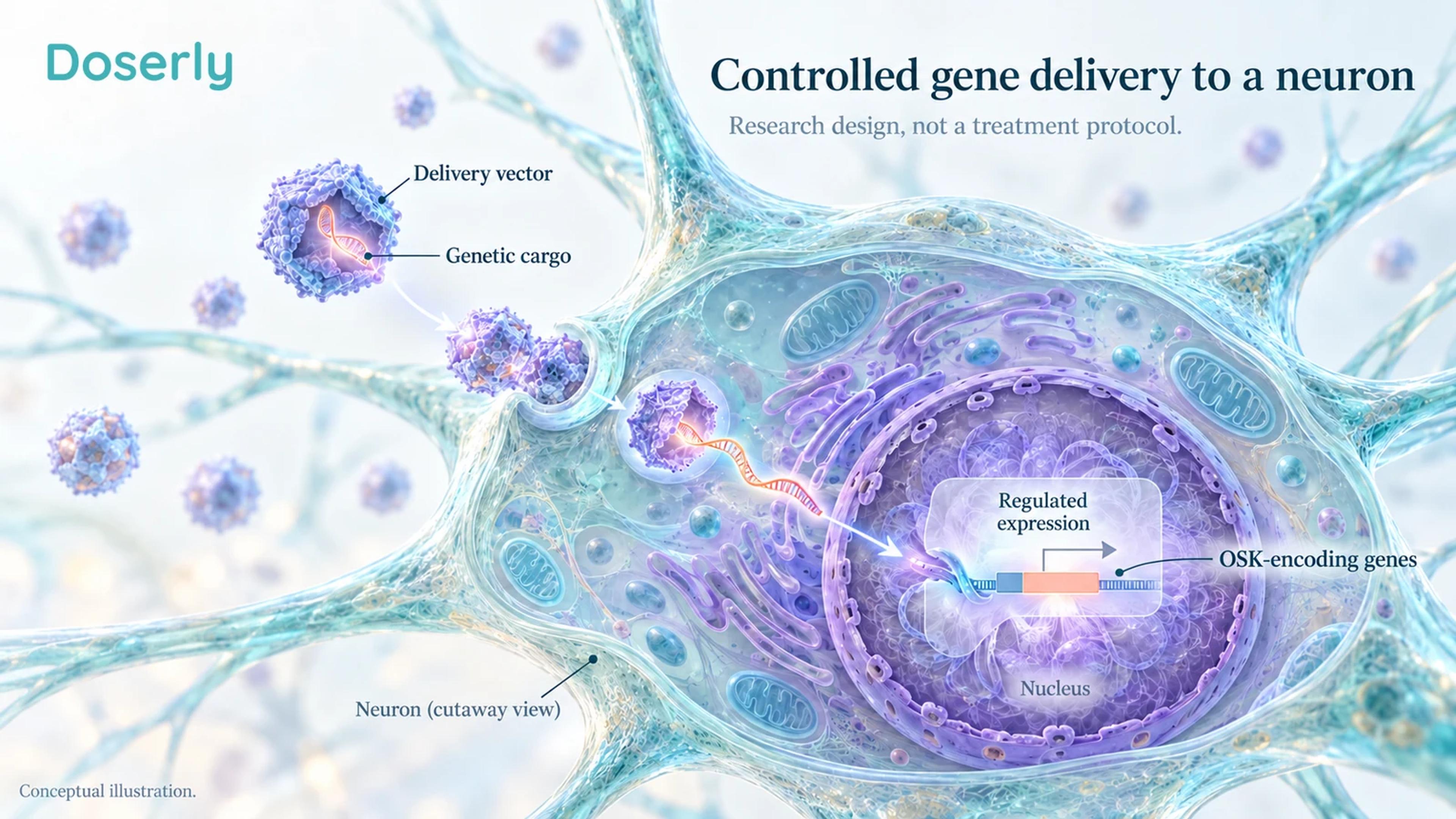 Schematic AAV delivery into a retinal cell with separate genetic cargo and regulated expression inside the nucleus
