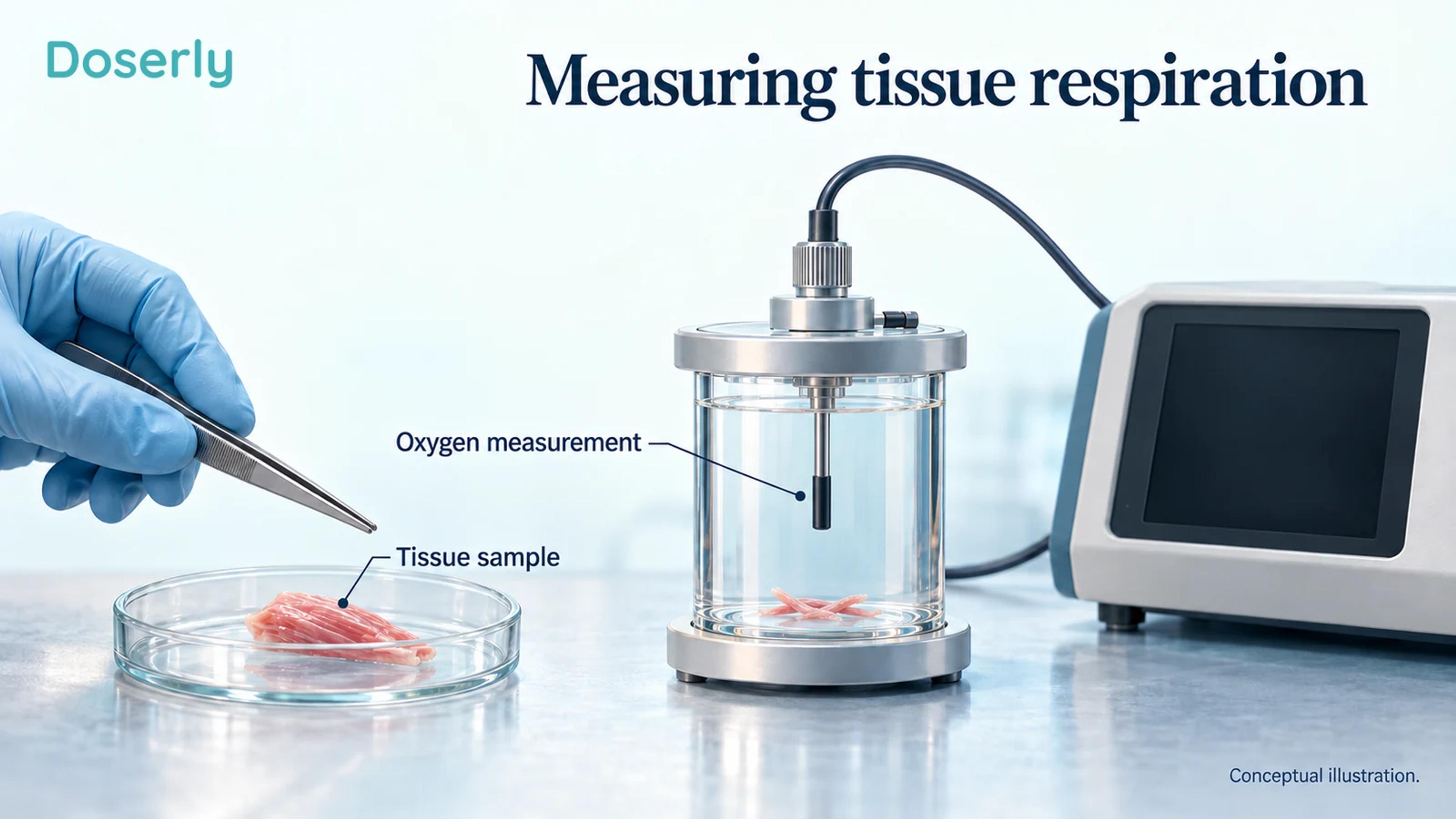 A conceptual laboratory illustration separates a small tissue sample, an oxygen-measurement chamber and analysis equipment with no displayed results.
