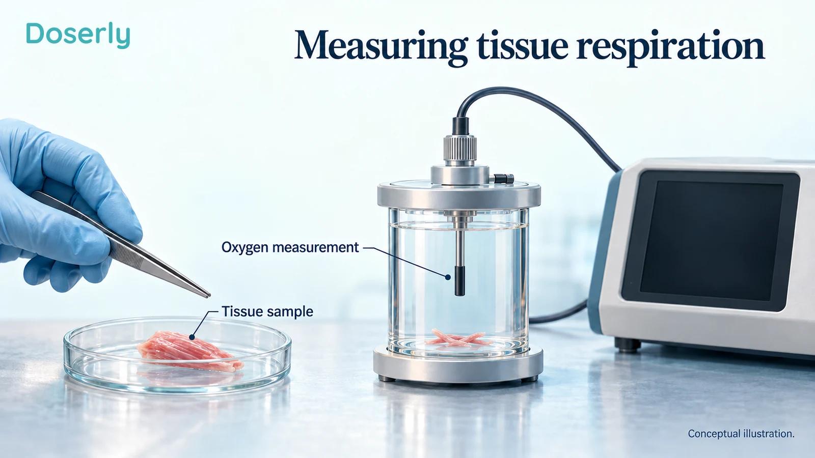 A conceptual laboratory illustration separates a small tissue sample, an oxygen-measurement chamber and analysis equipment with no displayed results.
