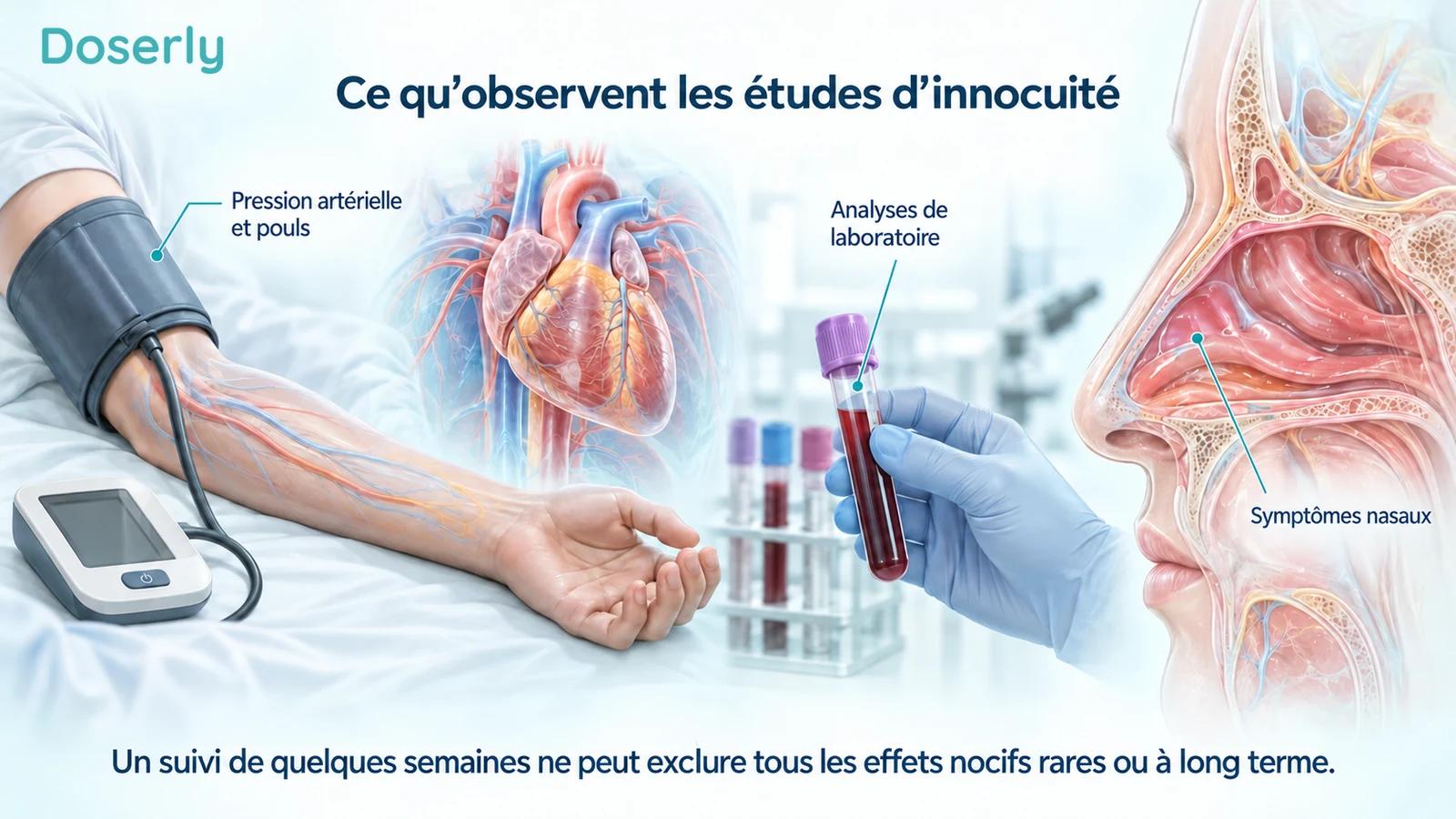 Outils de mesure médicale et anatomie illustrant la pression artérielle, les analyses de laboratoire et les symptômes nasaux.