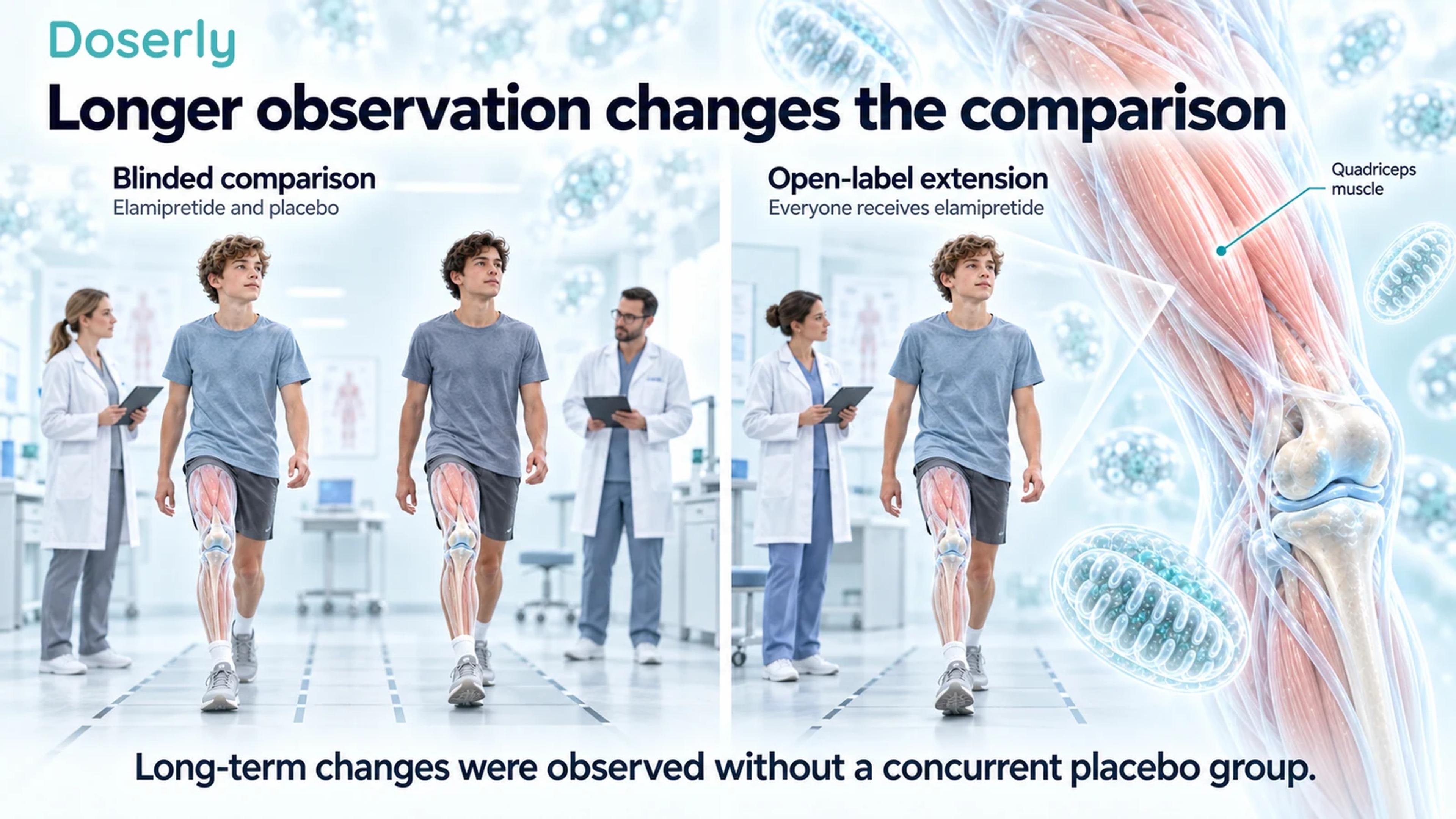 Illustrated blinded walking assessments beside an open-label follow-up scene and quadriceps anatomy.