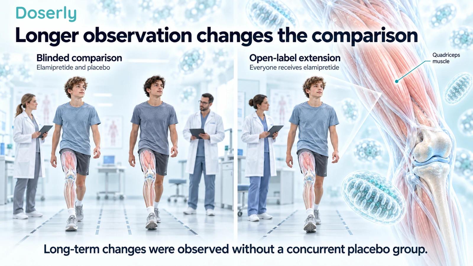 Illustrated blinded walking assessments beside an open-label follow-up scene and quadriceps anatomy.