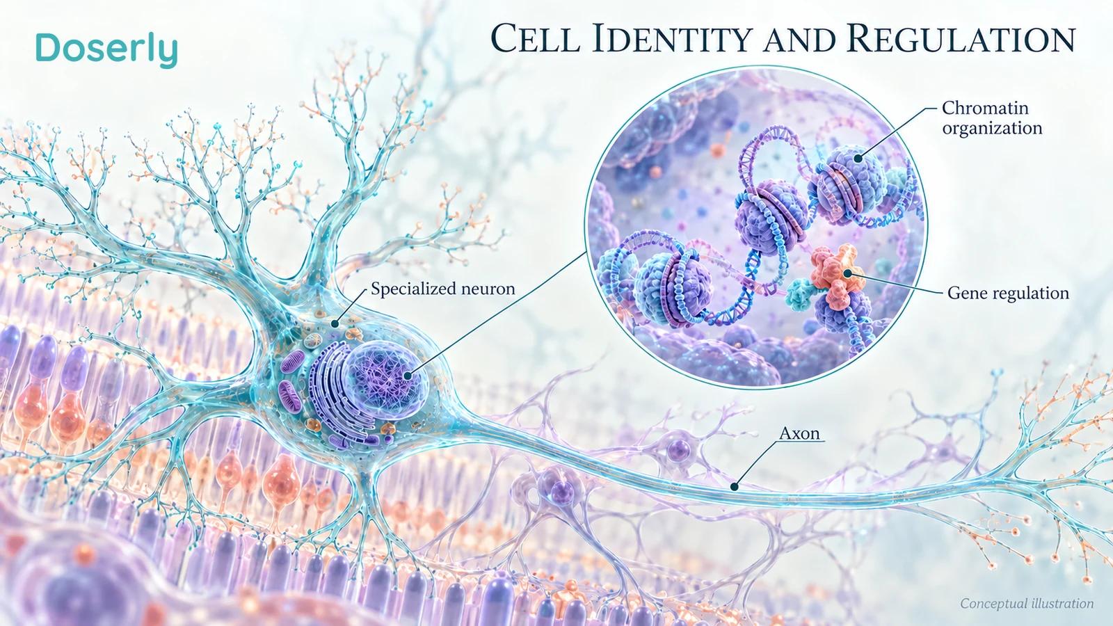 A retinal ganglion cell and enlarged nucleus showing chromatin organization with the cell's long axon preserved