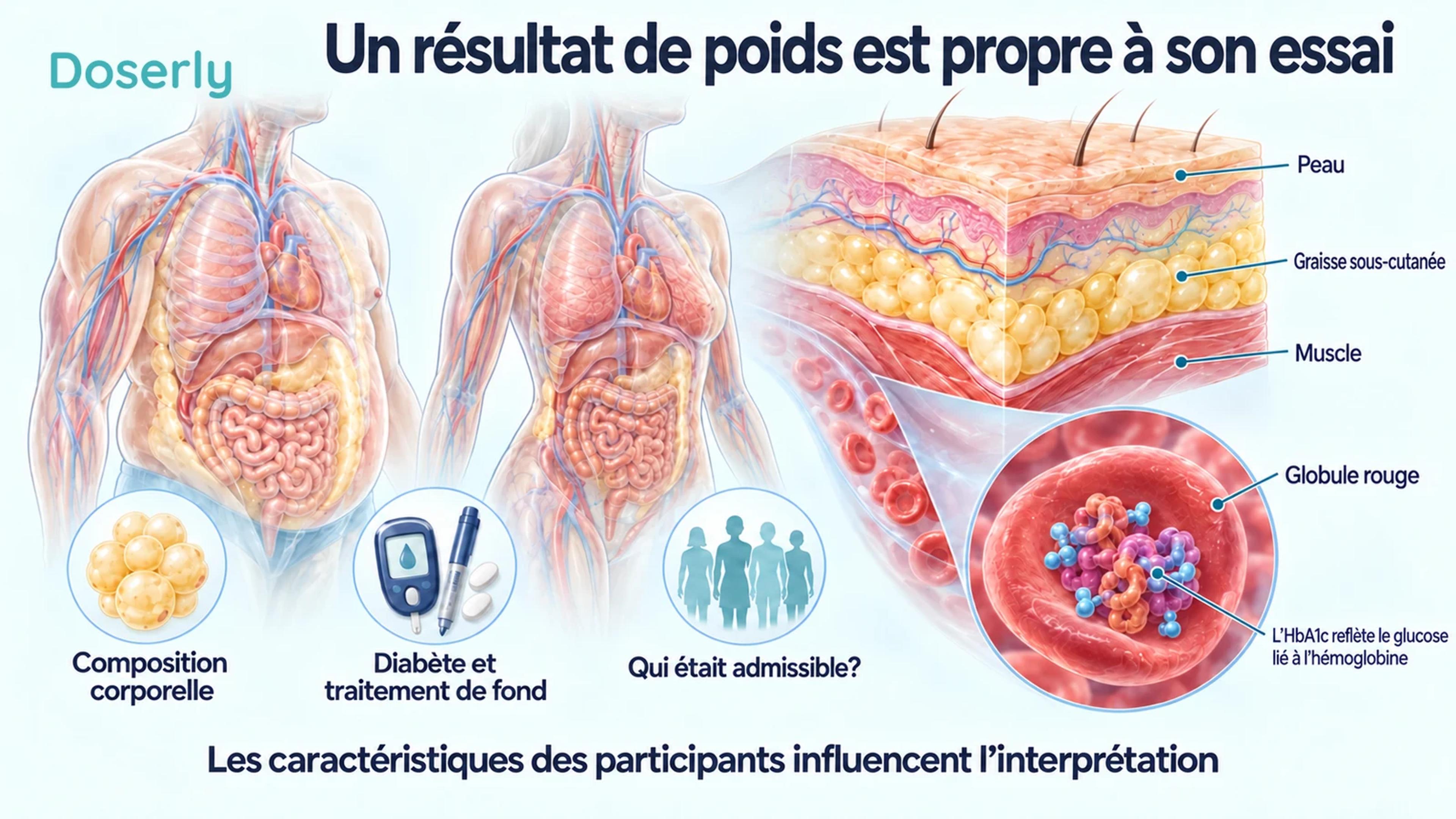 Des torses de type atlas médical, une coupe annotée de la peau, du tissu adipeux et du muscle, ainsi qu’un globule rouge illustrent les différences de populations et de mesures entre essais.