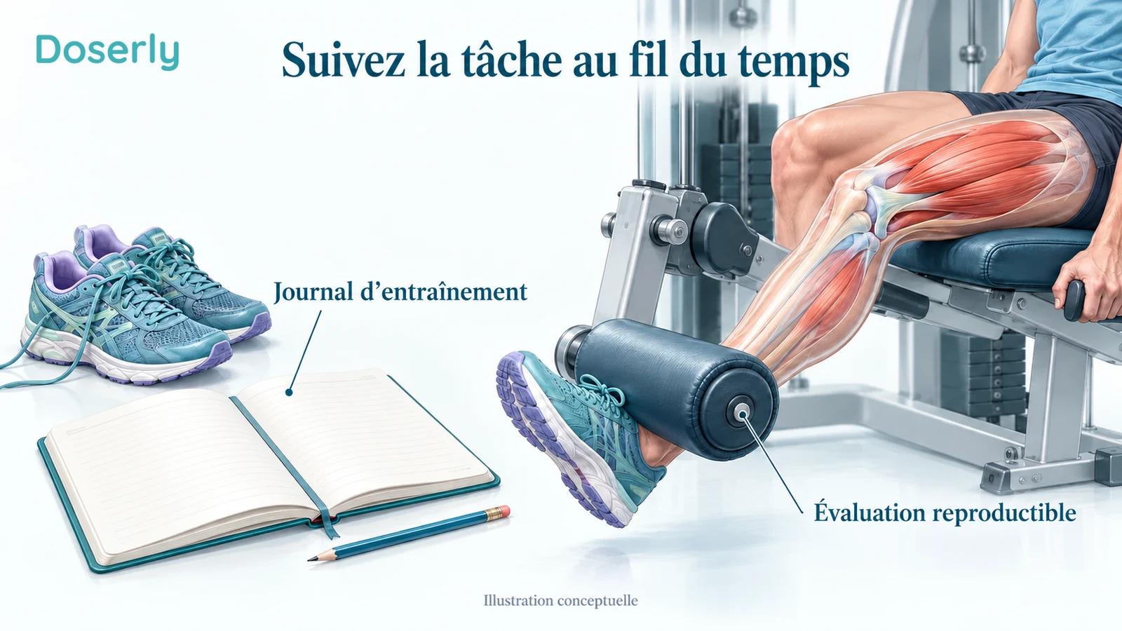 Illustration détaillée d’un journal d’entraînement à côté d’une évaluation contrôlée de la force des jambes et de chaussures de course, sans scores ni résultats allégués.