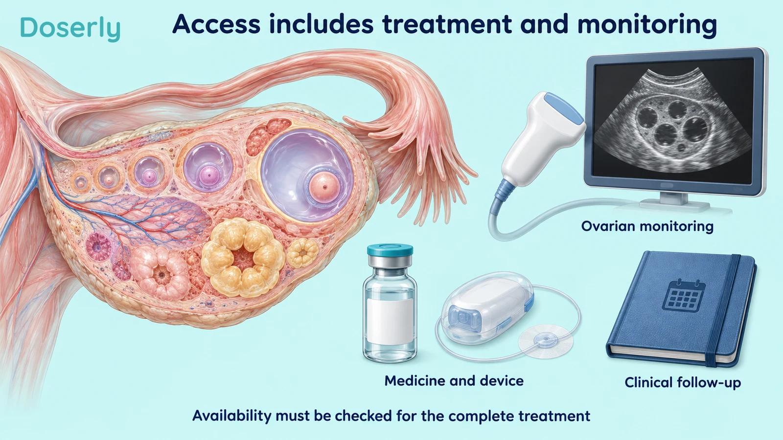 Detailed ovarian follicles beside an illustrative ultrasound system, medicine vial, infusion device and follow-up notebook.