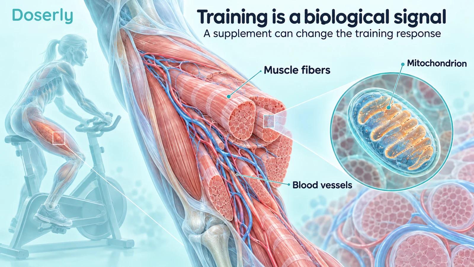 Cyclist with enlarged thigh muscle fibers, blood vessels and a mitochondrion illustrating exercise adaptation.