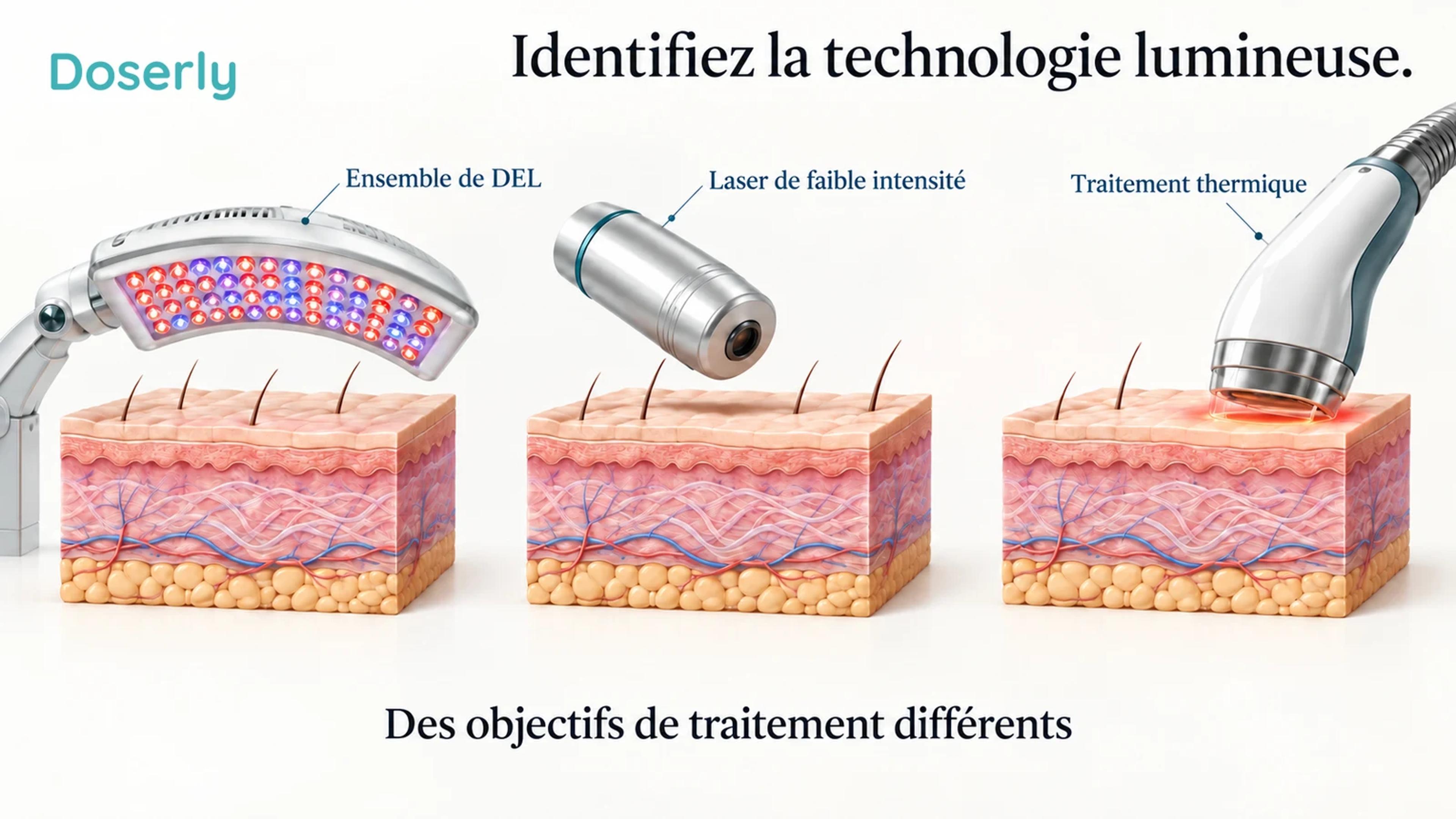Une sonde laser de faible intensité, un ensemble de DEL et un concept distinct de traitement thermique sont présentés comme des approches optiques différentes près de l’anatomie de la peau.
