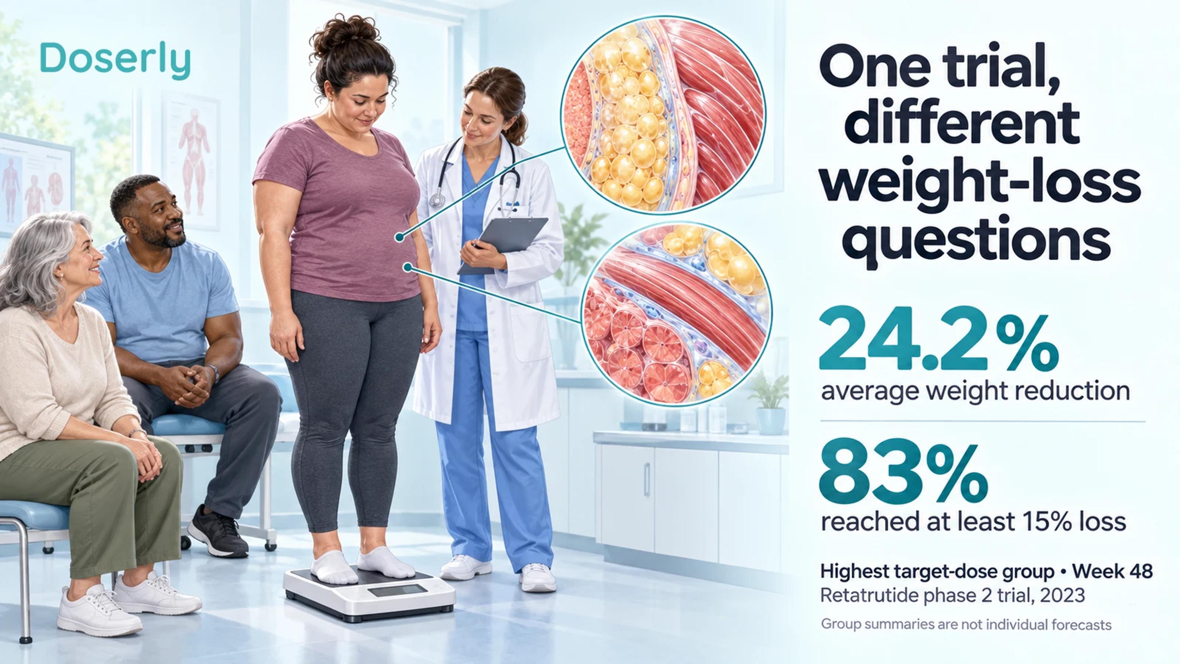 Adults at a research clinic beside the phase 2 trial's average weight reduction and a separate responder-threshold result.