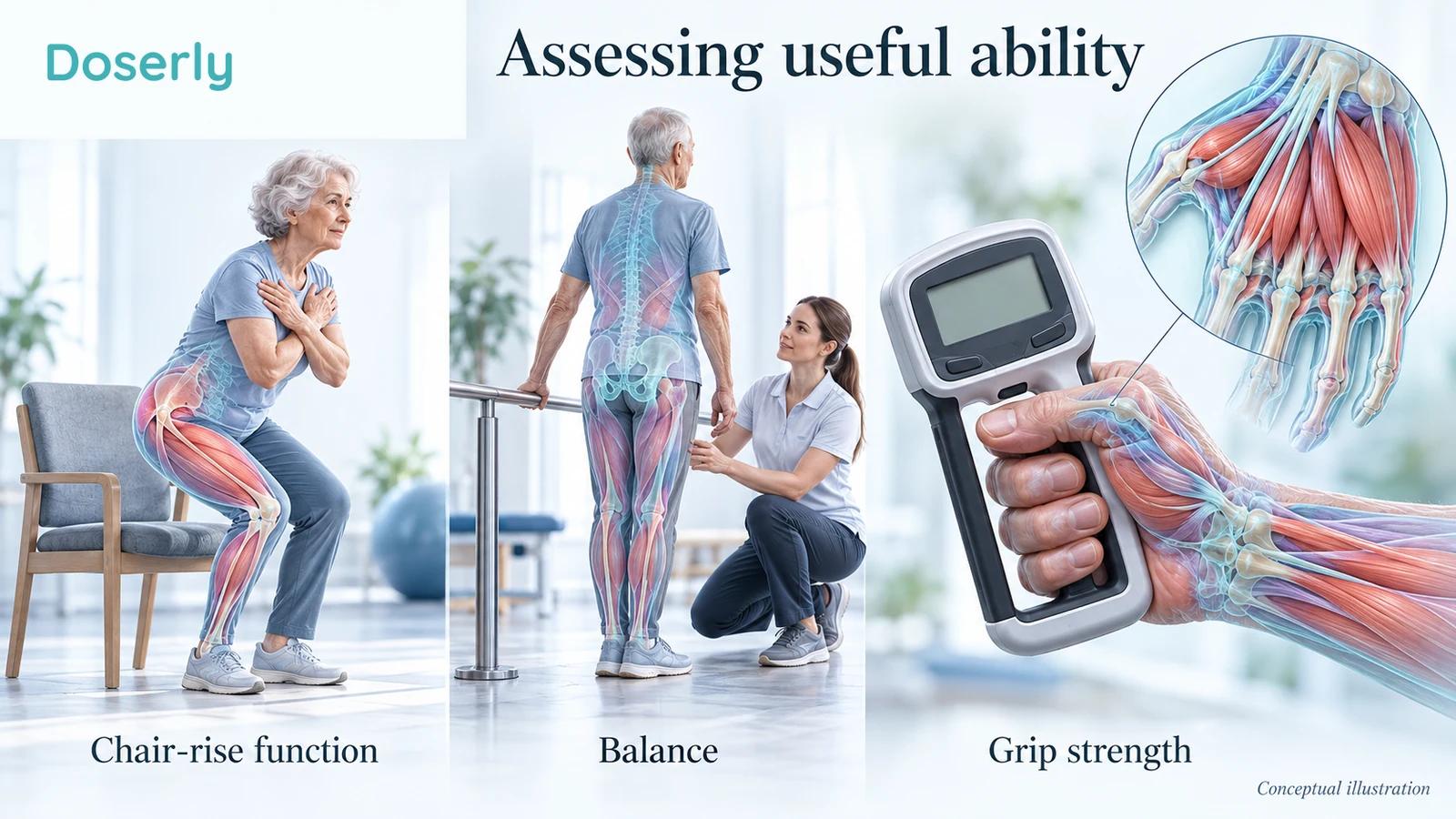 Older adult completing supervised chair-rise and supported balance assessments beside a handgrip dynamometer.