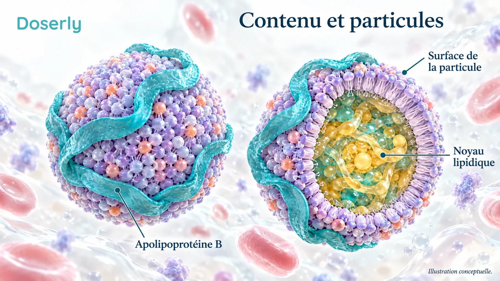 Deux particules de lipoprotéines agrandies montrent un noyau lipidique et l’apolipoprotéine B à leur surface.