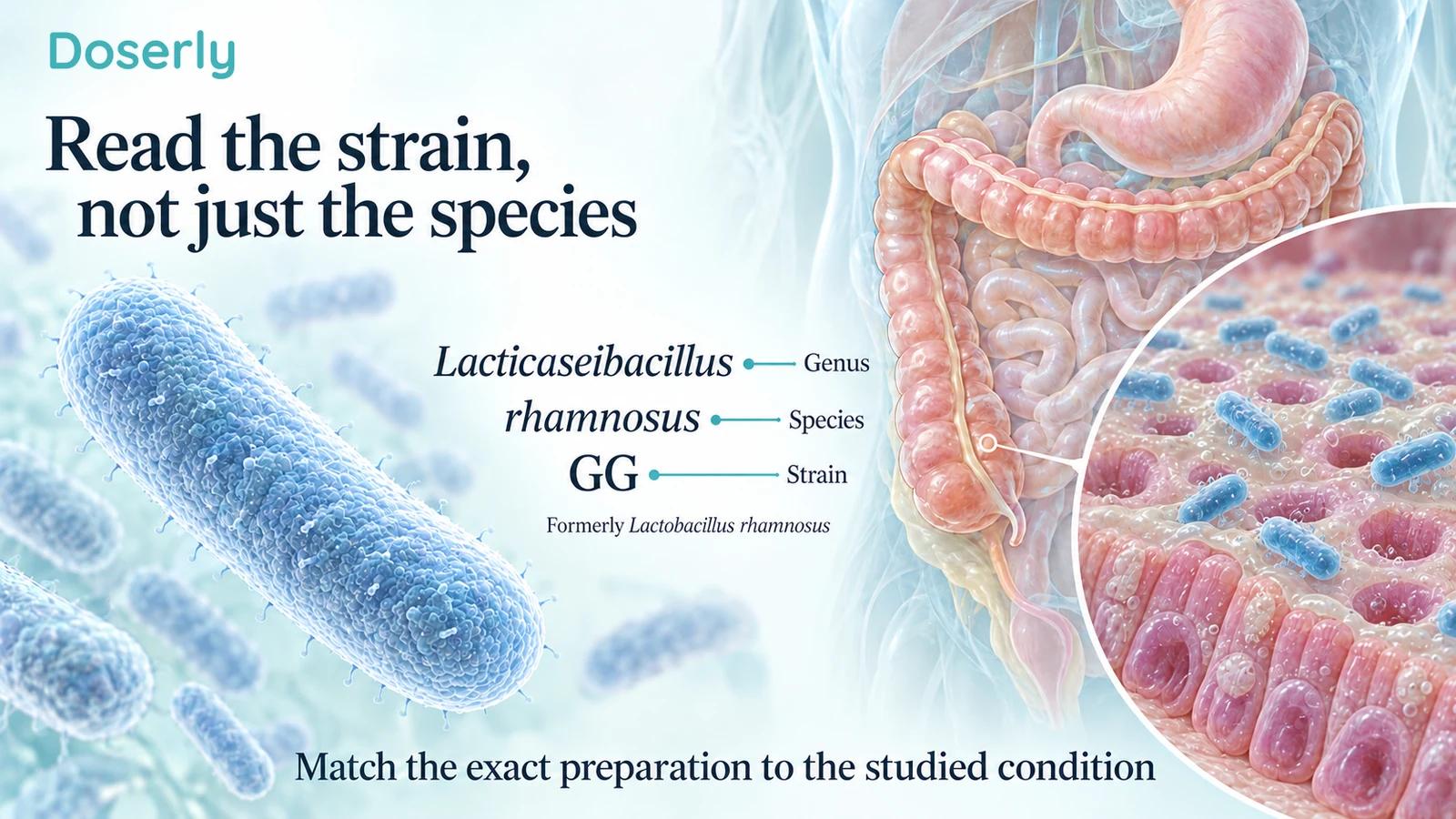 A rod-shaped bacterium beside the genus, species, and strain in the name Lacticaseibacillus rhamnosus GG, with an intestinal illustration.