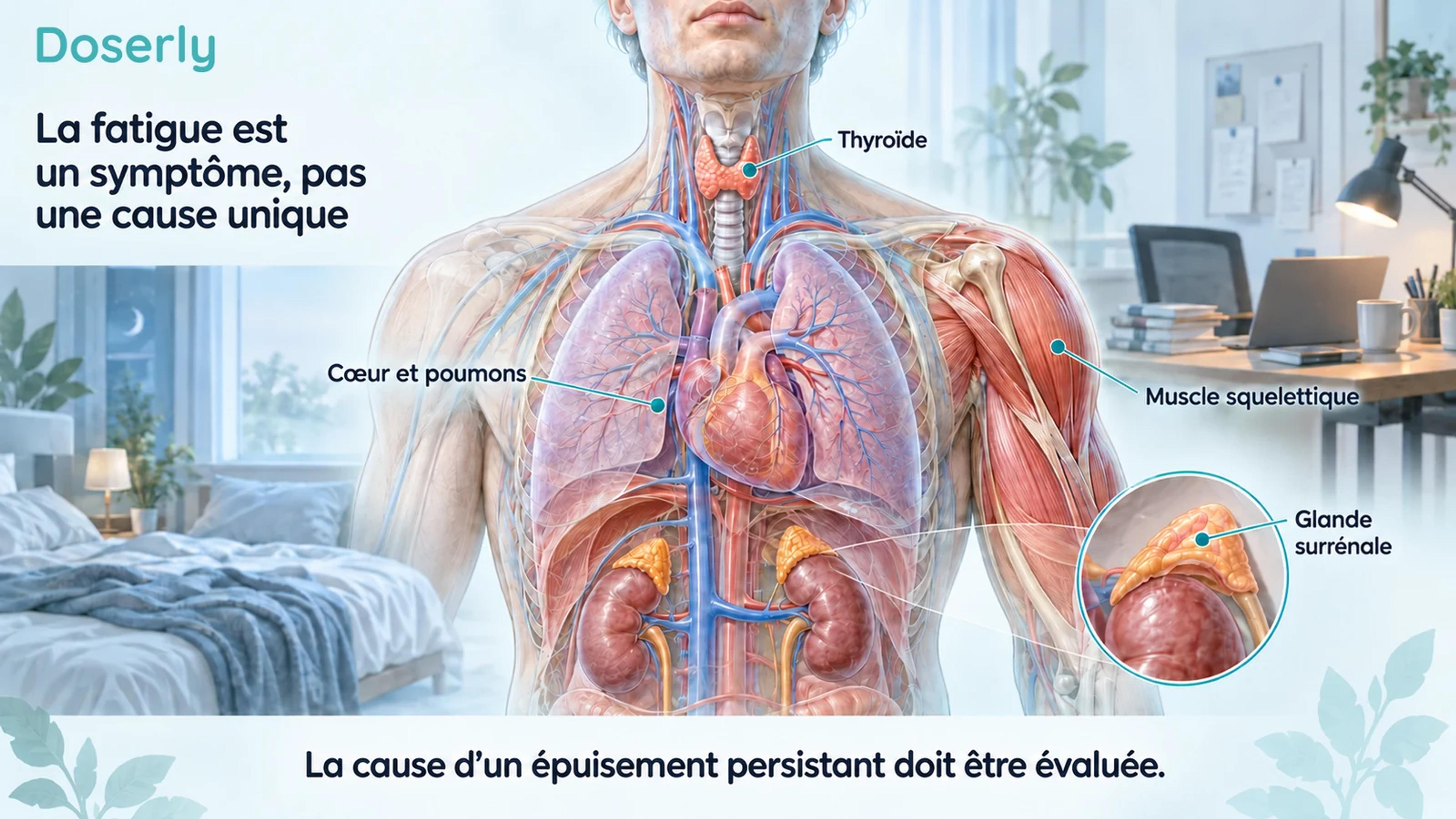 Un torse détaillé montre la thyroïde, le cœur et les poumons, les muscles squelettiques et l’anatomie des glandes surrénales, avec des scènes de sommeil et de travail en arrière-plan.