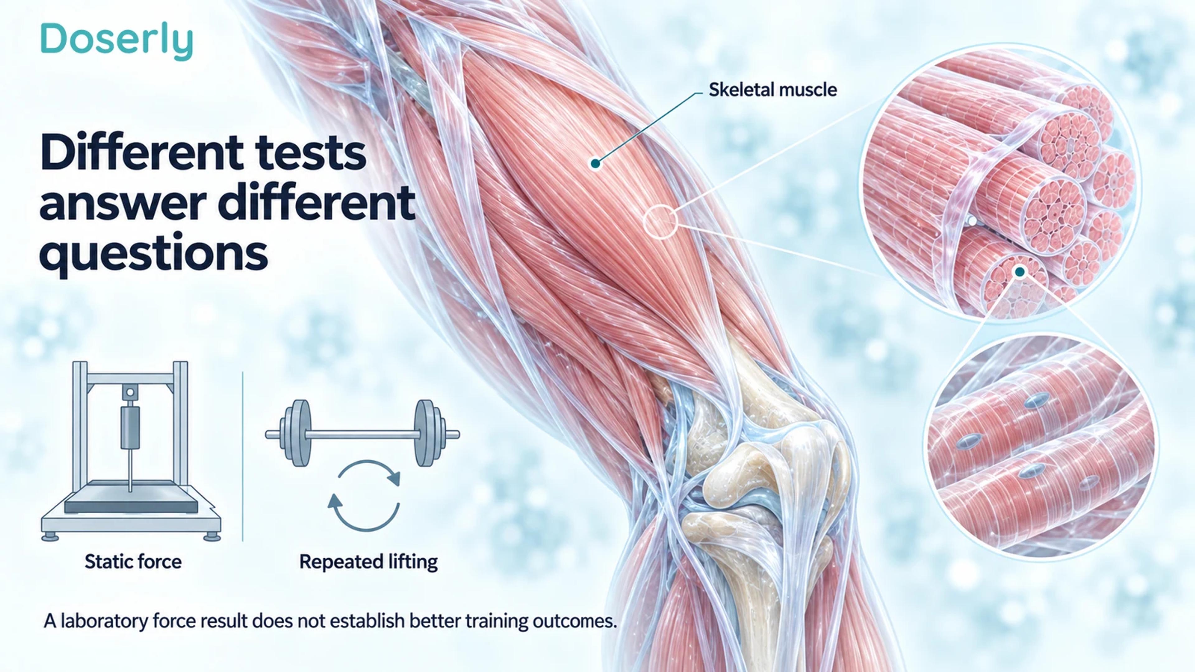 Detailed thigh, knee and muscle-fiber illustration beside small static-force and repeated-lifting symbols.