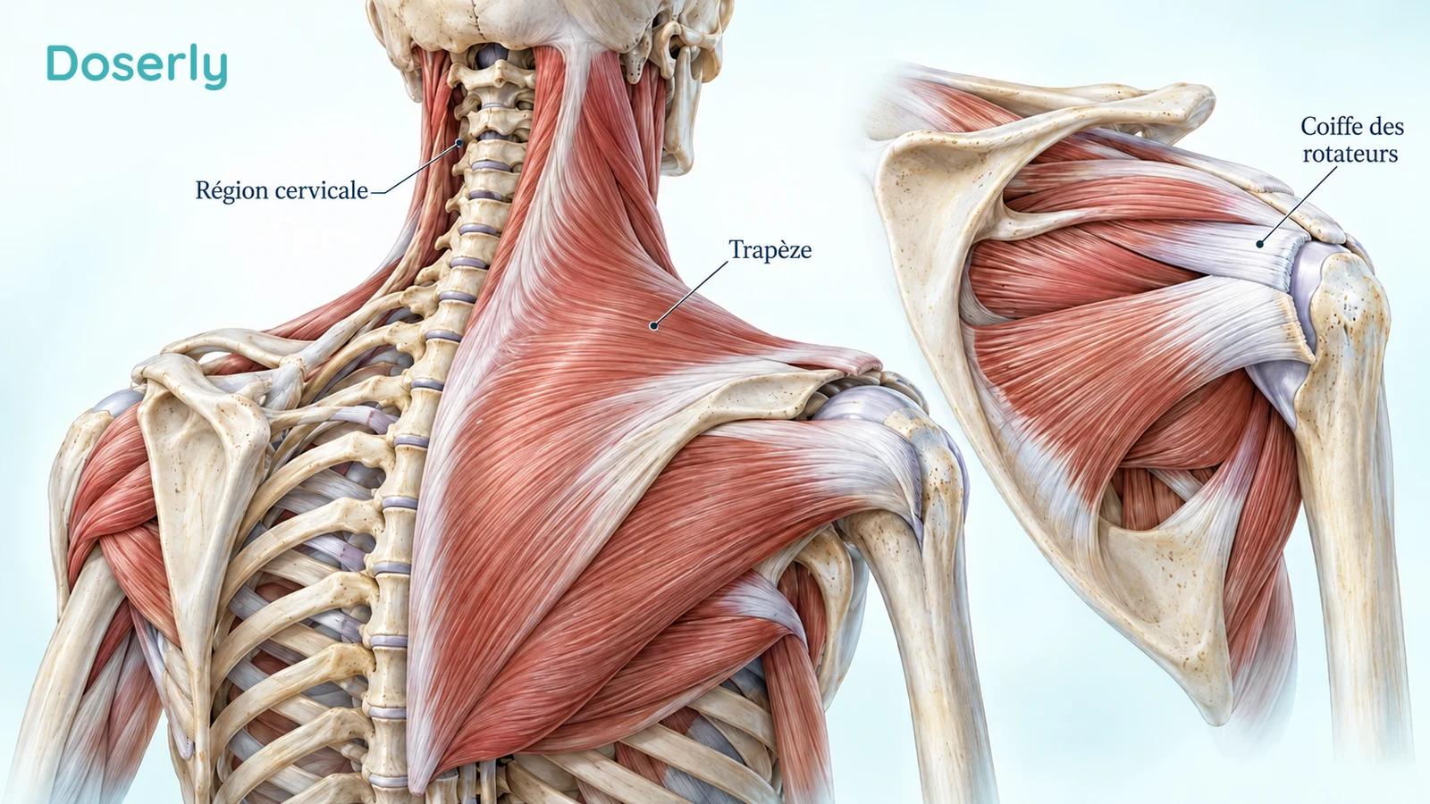 Illustration conceptuelle de l’anatomie de la colonne cervicale et du trapèze à côté d’un modèle distinct de l’articulation de l’épaule et de la coiffe des rotateurs.