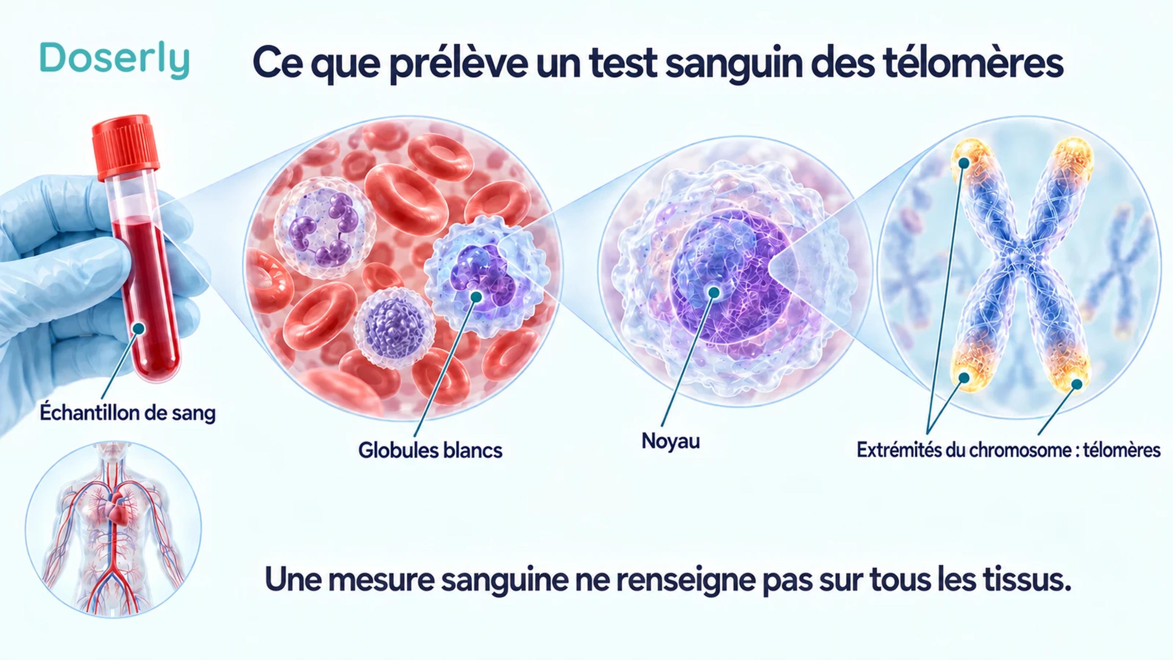 Un échantillon de sang agrandi pour montrer les globules blancs, un noyau et les extrémités d’un chromosome contenant les télomères.