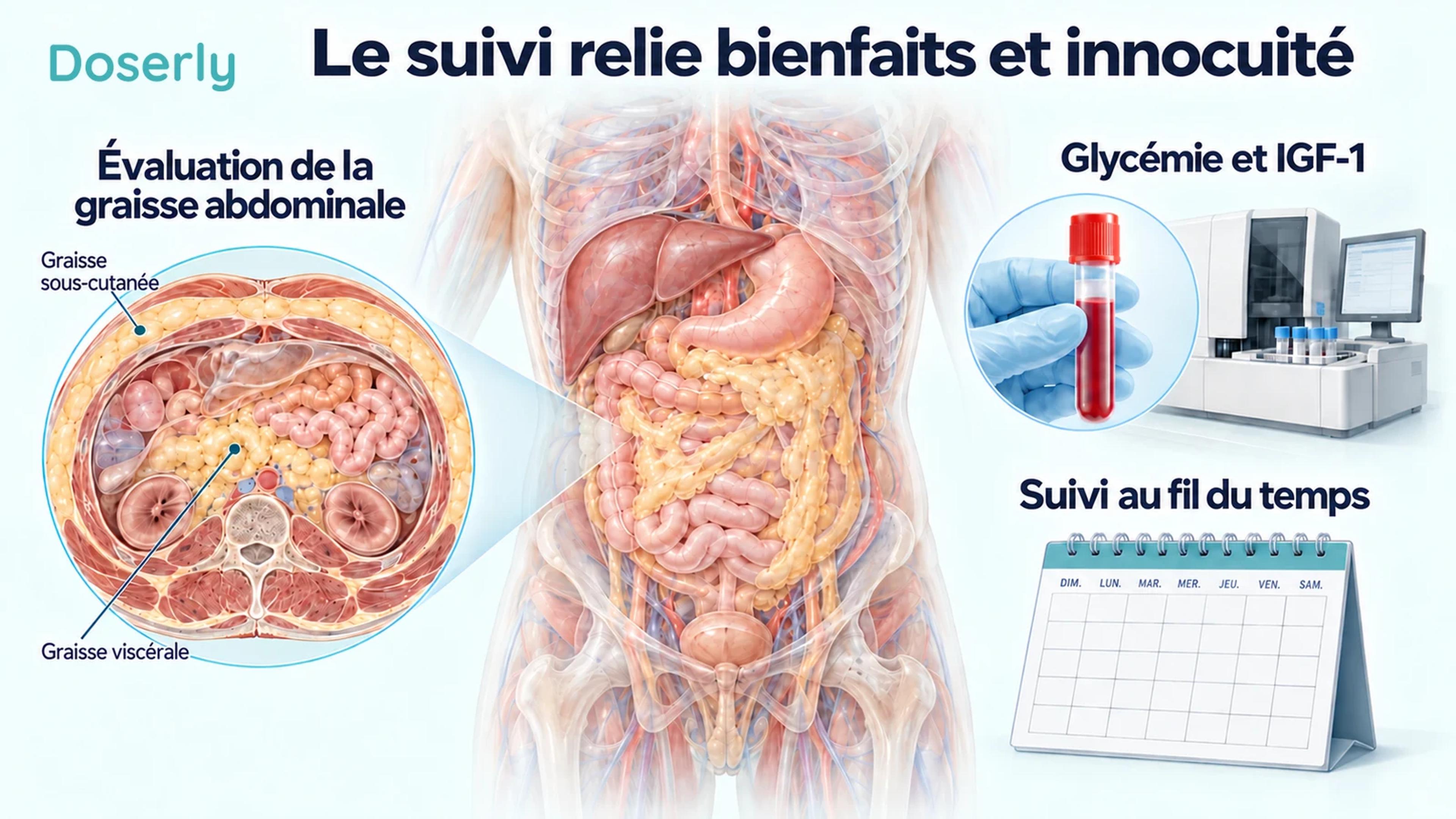 Illustration d’une évaluation abdominale, d’un échantillon de laboratoire et d’un calendrier représentant le suivi des bienfaits et de l’innocuité au fil du temps