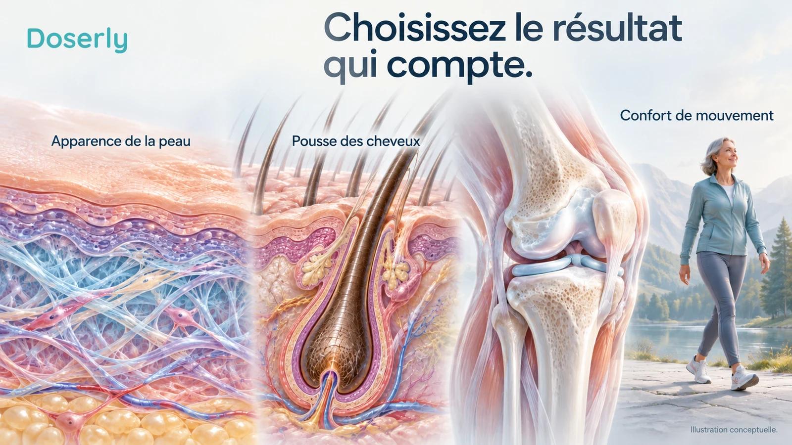 Des illustrations détaillées de la peau, d’un follicule du cuir chevelu et d’un genou représentent l’apparence, la pousse des cheveux et le confort de mouvement comme des résultats distincts.