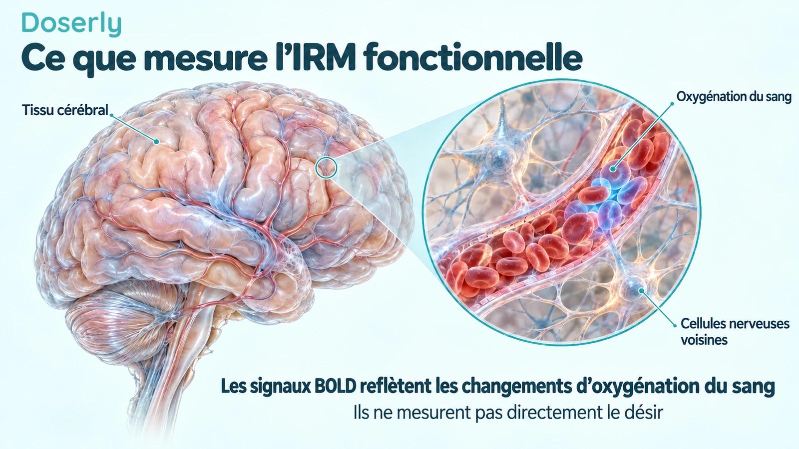 Anatomie cérébrale détaillée à côté d’un capillaire agrandi et de cellules nerveuses voisines, illustrant le signal d’oxygénation du sang mesuré par IRM fonctionnelle.