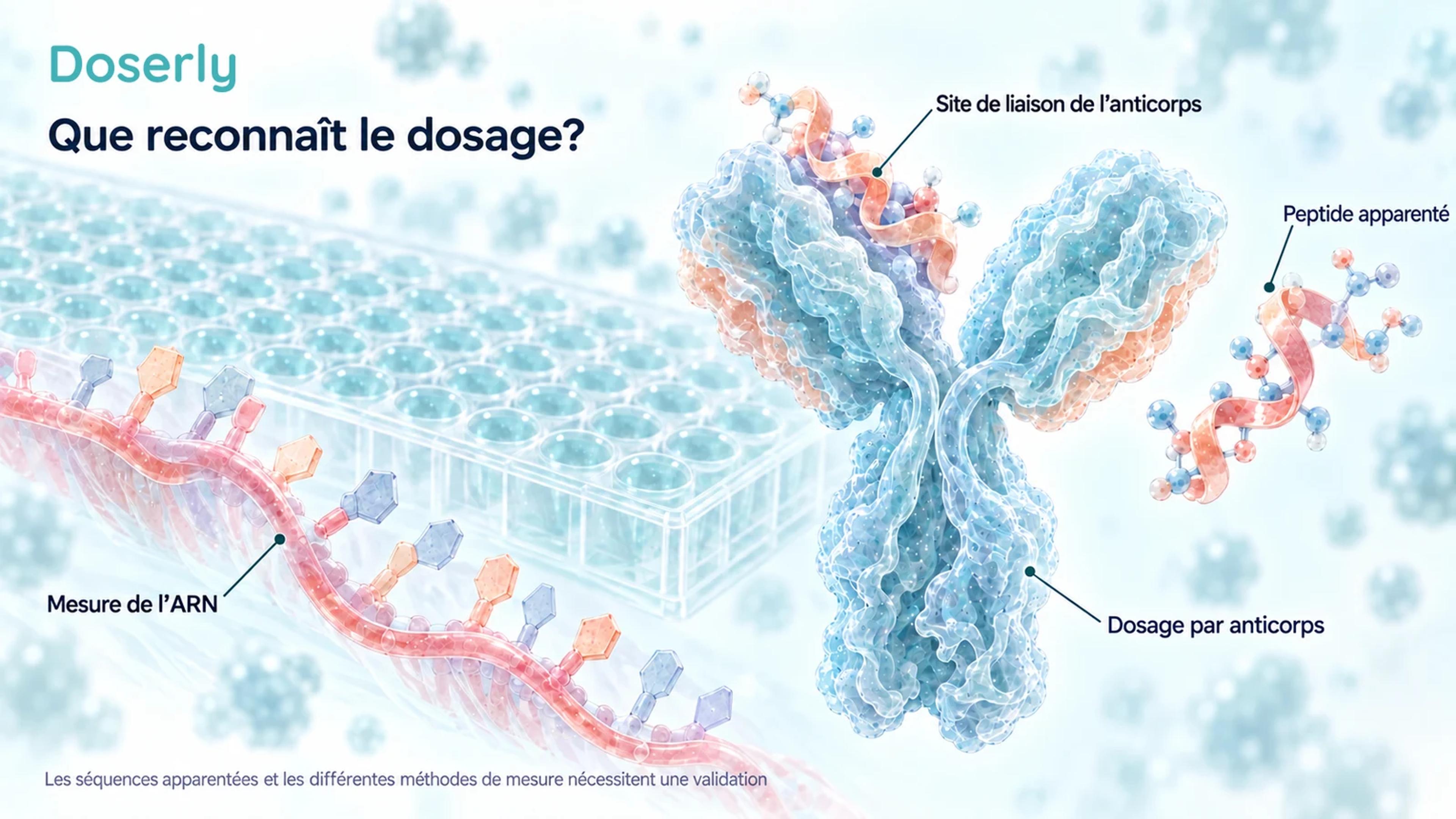 Site de liaison d’un anticorps et peptide apparenté à côté d’une plaque de laboratoire, avec un ARN simple brin présenté comme une mesure différente