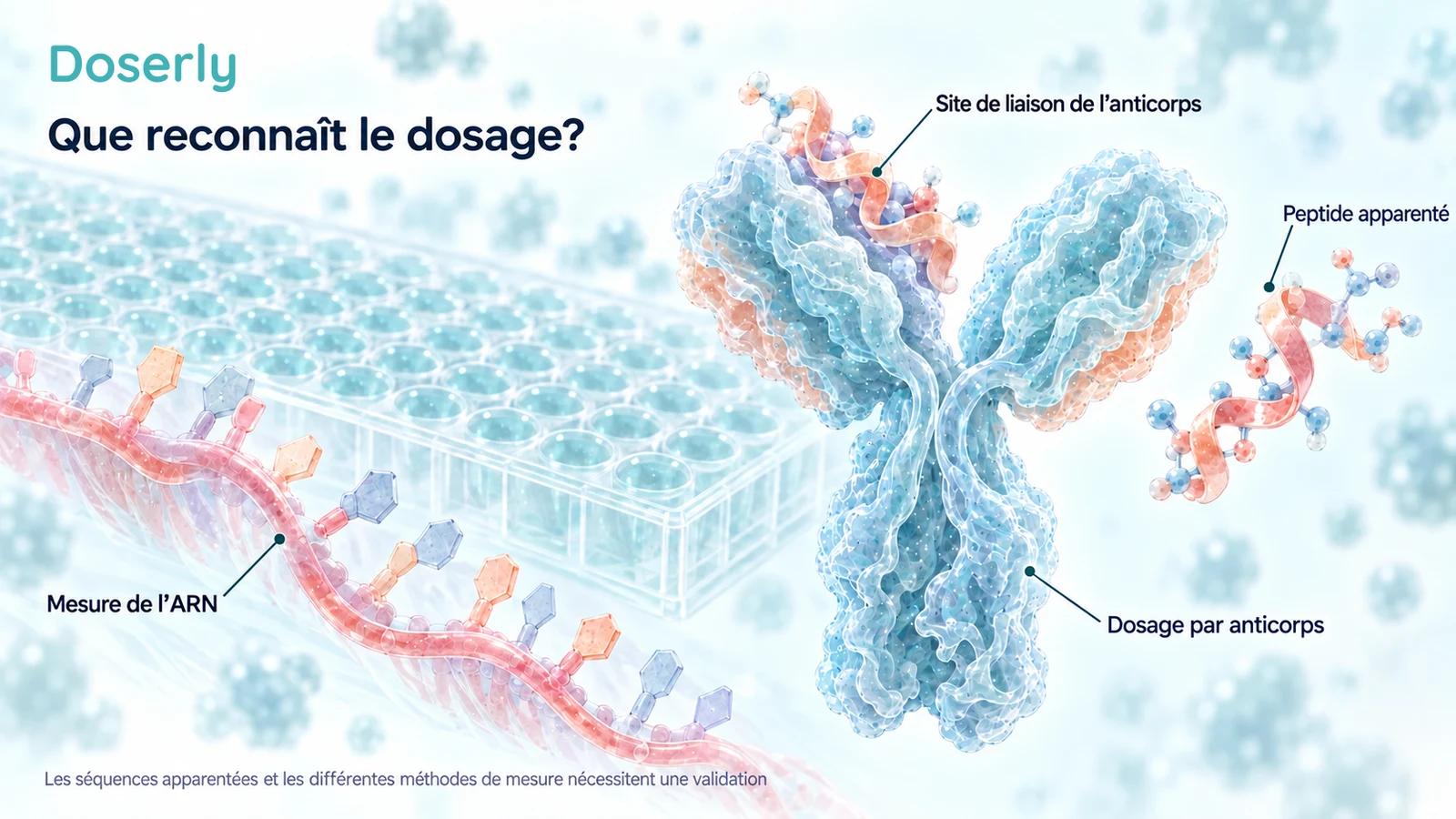 Site de liaison d’un anticorps et peptide apparenté à côté d’une plaque de laboratoire, avec un ARN simple brin présenté comme une mesure différente
