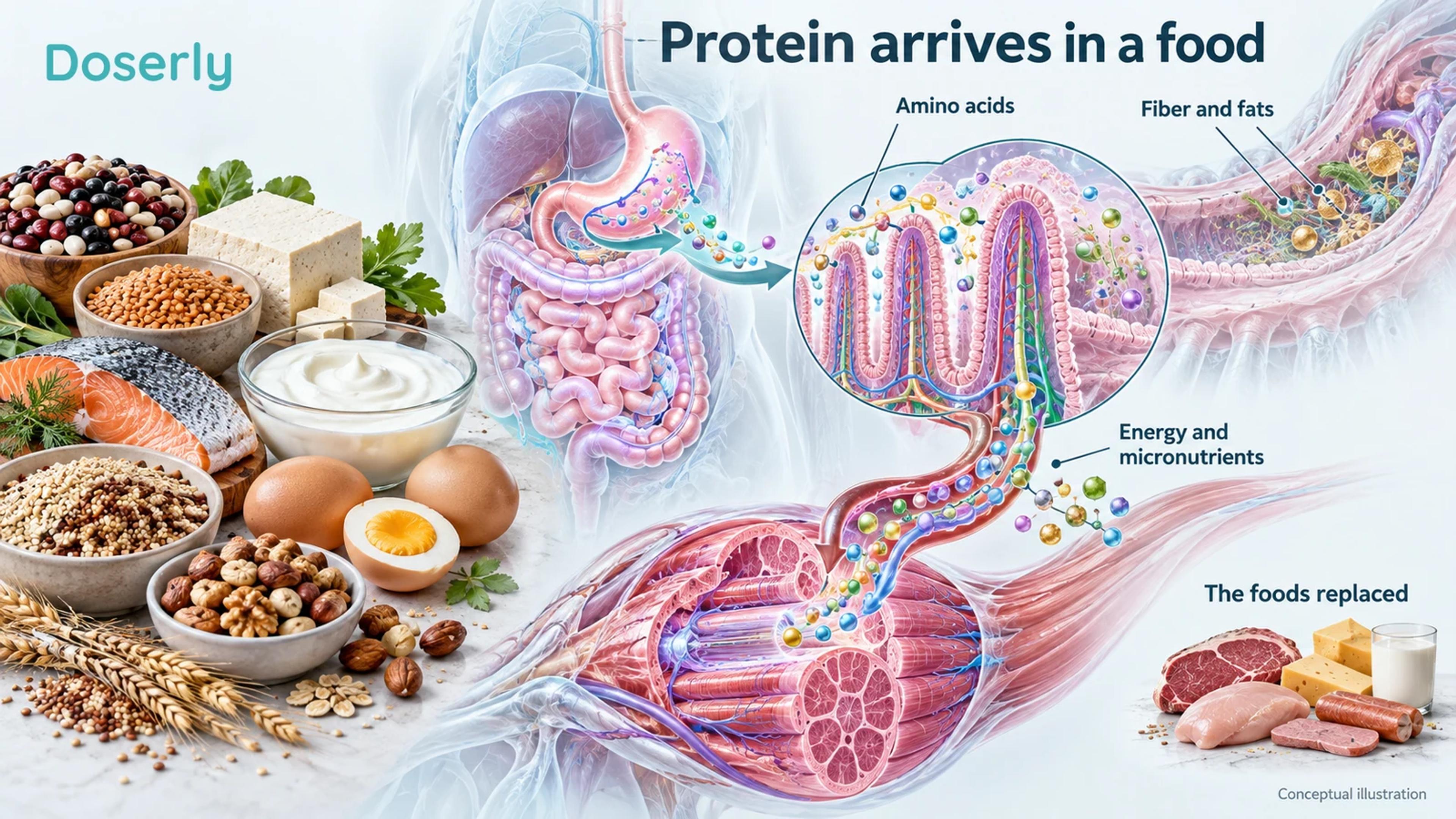 Protein-containing foods surround digestive absorption and a skeletal-muscle cutaway