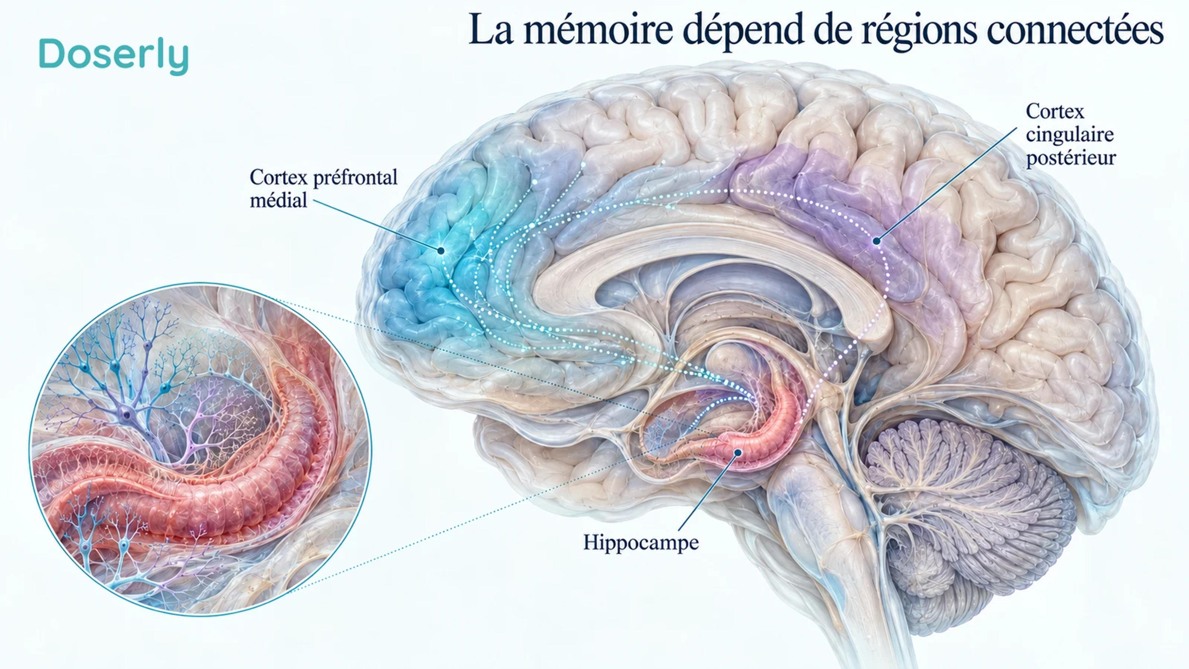 Vue médiale conceptuelle du cerveau montrant l’hippocampe et les régions corticales réparties qui participent à la mémoire, sans cible thérapeutique ni carte de connectivité mesurée.