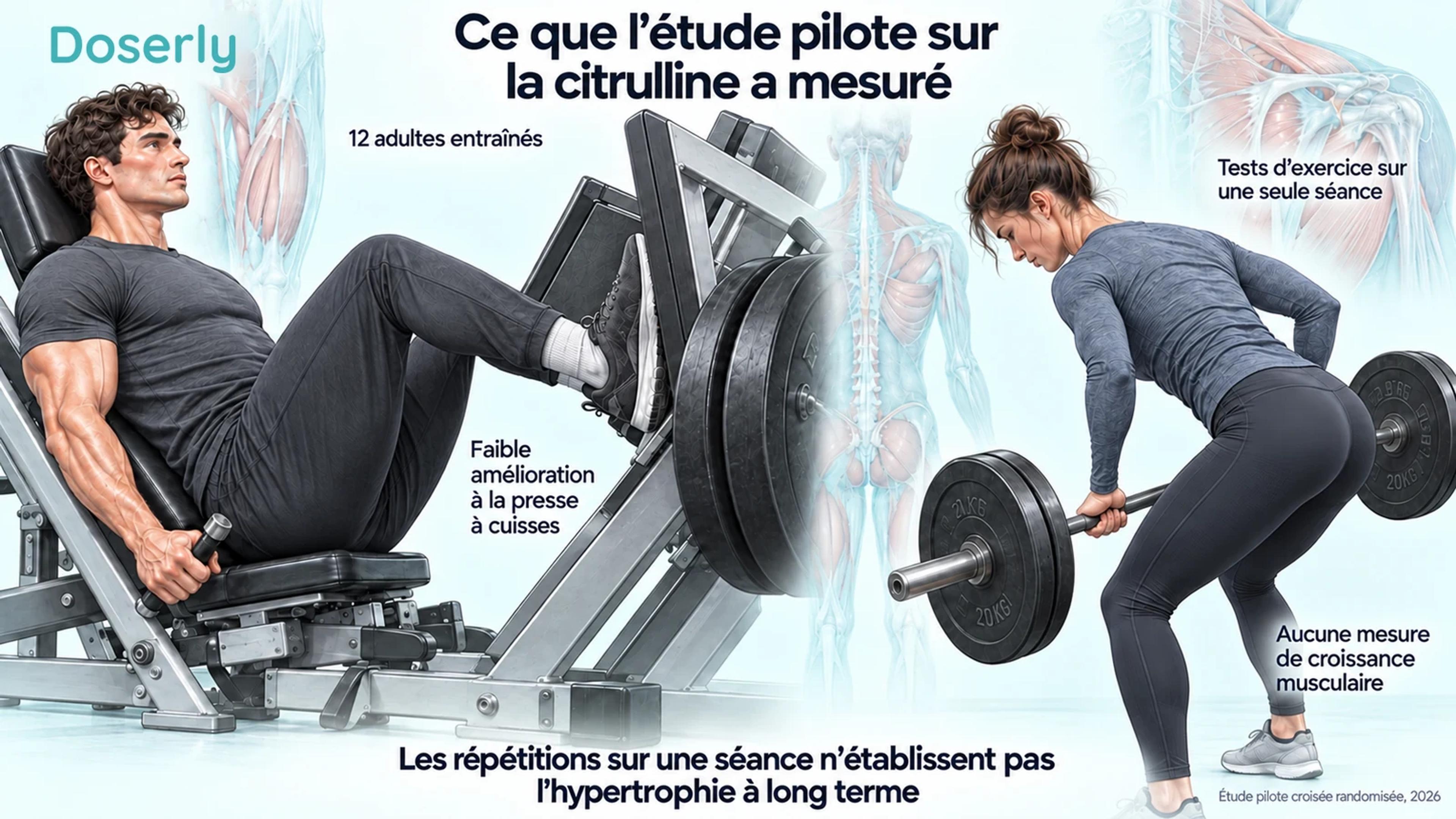 Une presse à cuisses et un tirage buste penché illustrent les exercices utilisés dans le petit essai sur les effets ponctuels de la citrulline.