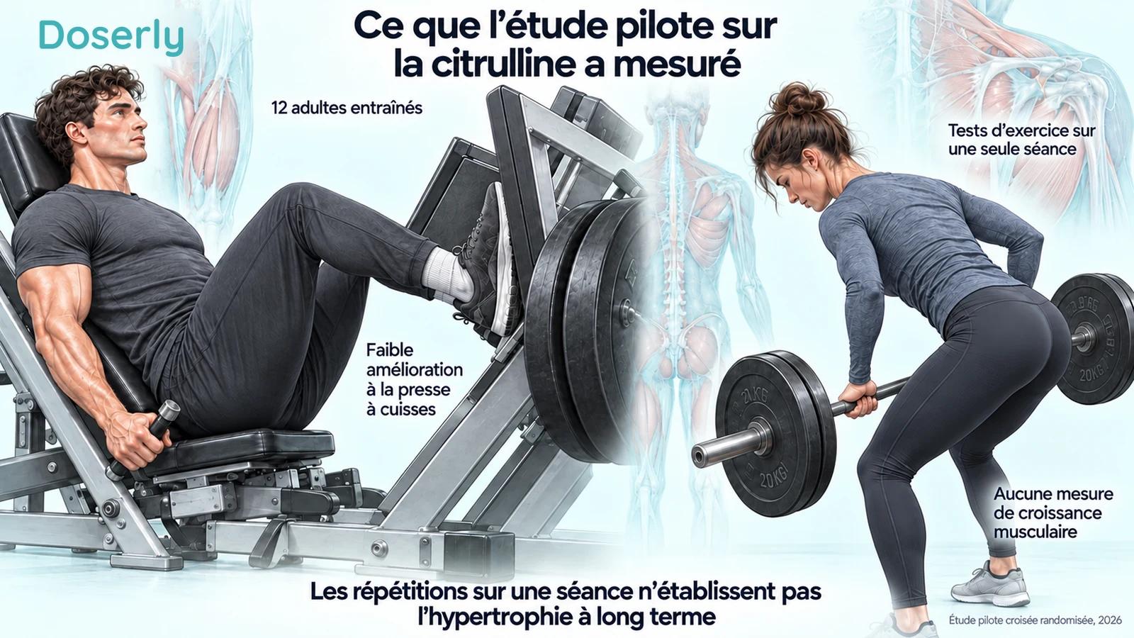 Une presse à cuisses et un tirage buste penché illustrent les exercices utilisés dans le petit essai sur les effets ponctuels de la citrulline.