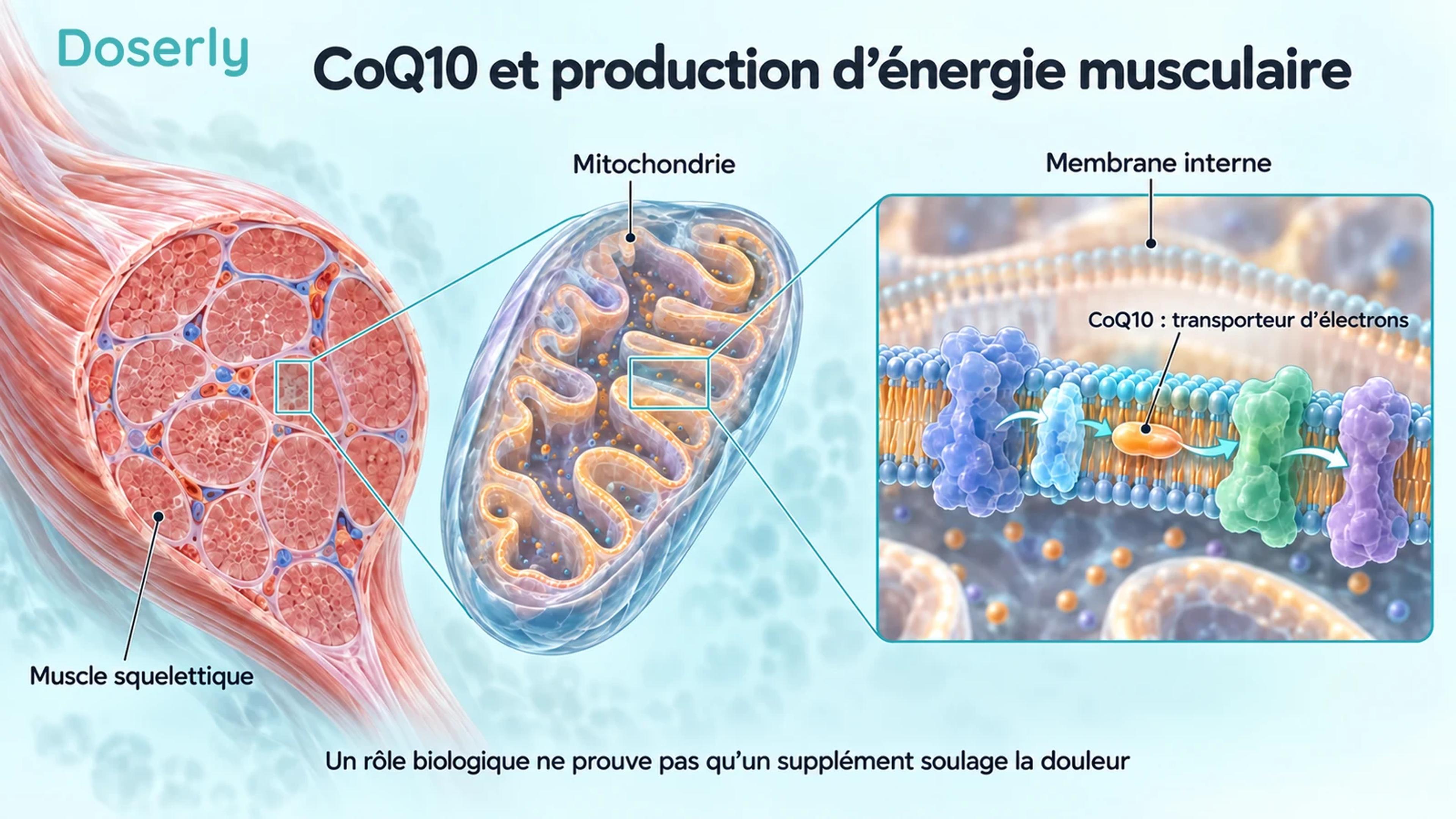 Muscle squelettique, mitochondrie et vue agrandie de la membrane interne illustrant le rôle conceptuel de transporteur d’électrons de la CoQ10.