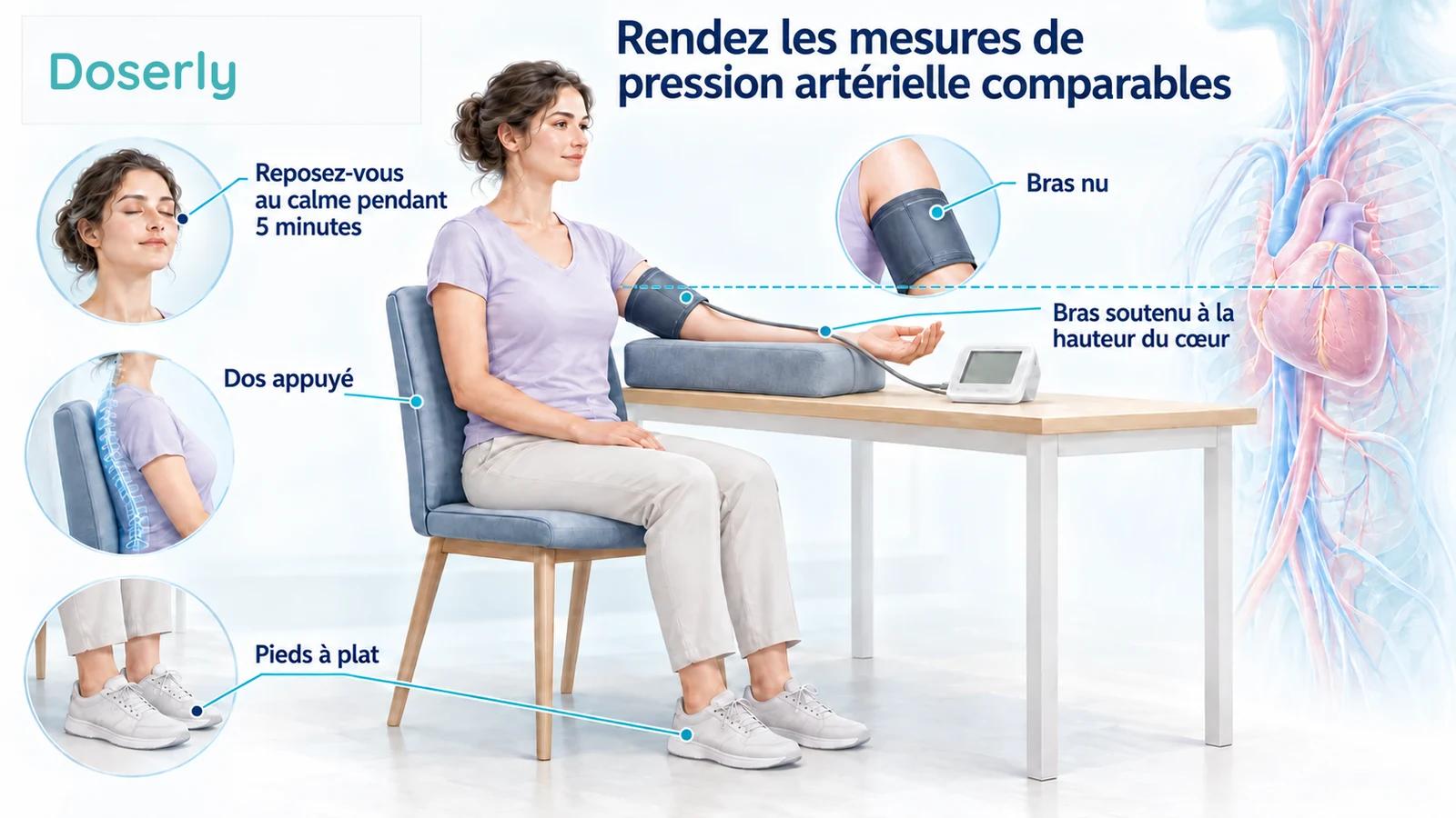 Une femme assise montre comment mesurer la pression artérielle à domicile : dos appuyé, pieds à plat et brassard sur le bras nu, soutenu à la hauteur du cœur.