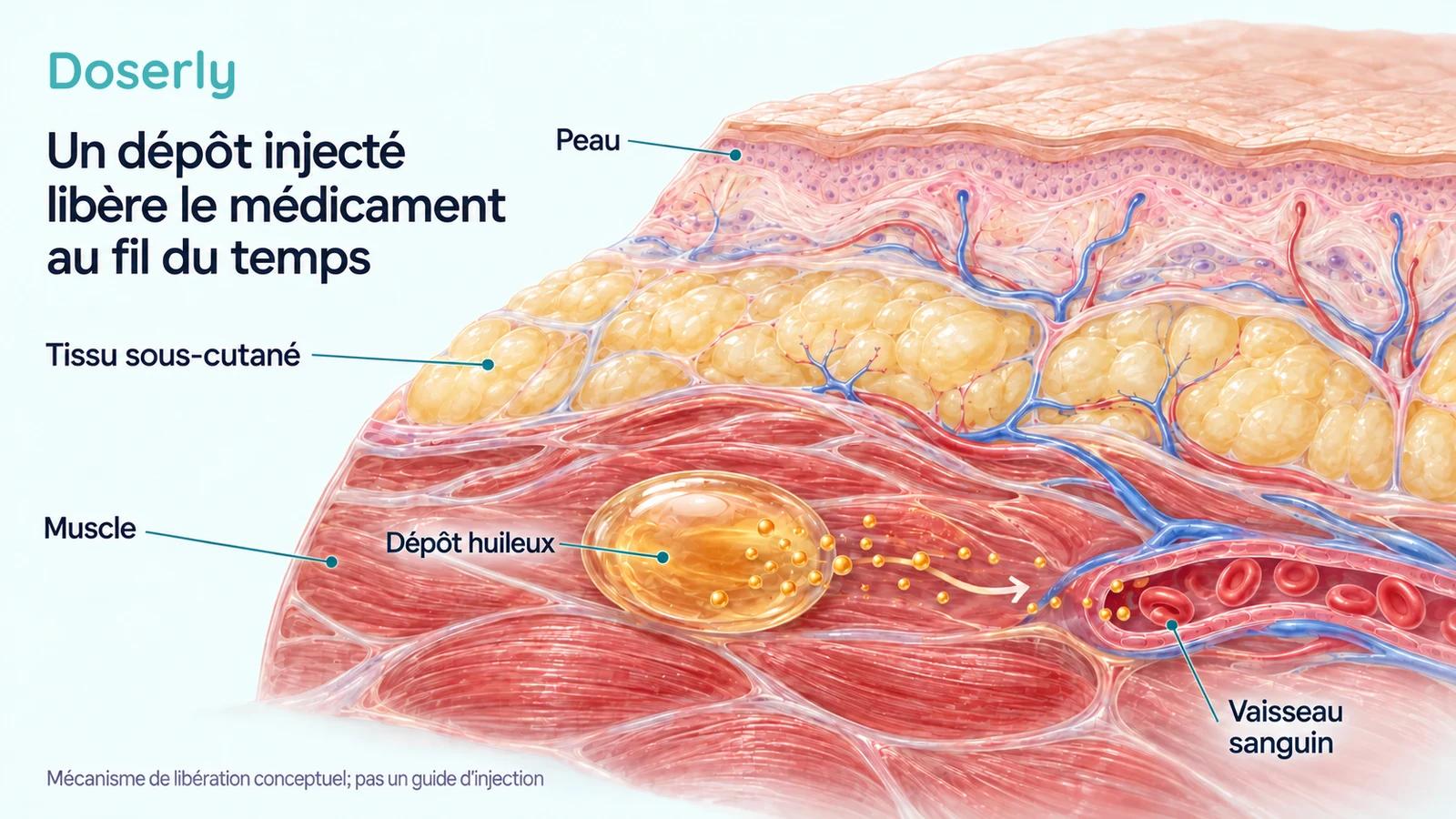 Coupe détaillée de la peau, du tissu adipeux et du muscle montrant un dépôt huileux conceptuel et un vaisseau sanguin à proximité, avec une indication de la libération graduelle, sans instructions d’injection.
