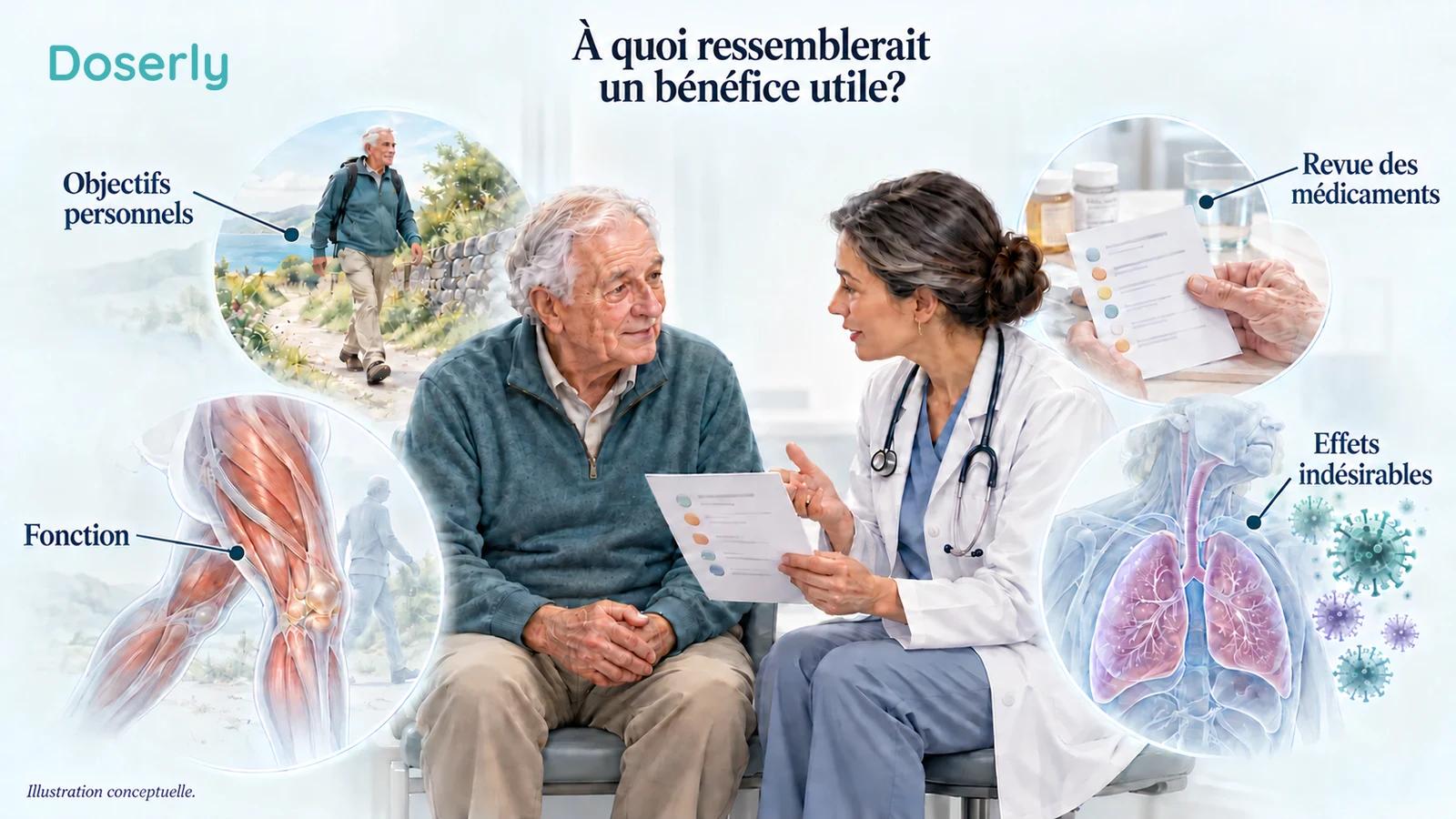Consultation conceptuelle reliant les antécédents médicamenteux, la surveillance en laboratoire et les objectifs de mobilité au quotidien, sans recommandations thérapeutiques.