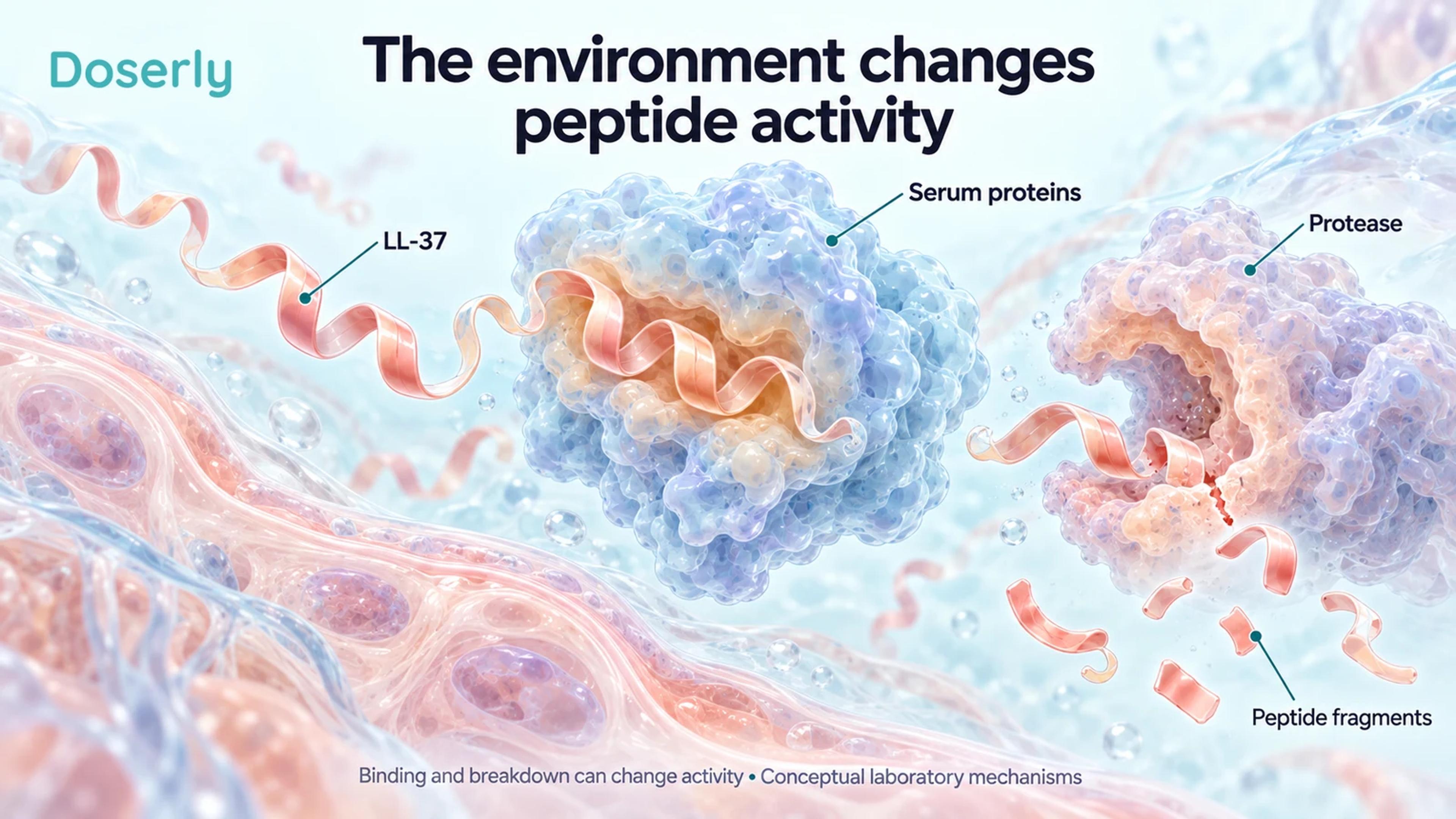 Conceptual LL-37 ribbon beside serum proteins, a protease and peptide fragments in tissue fluid.