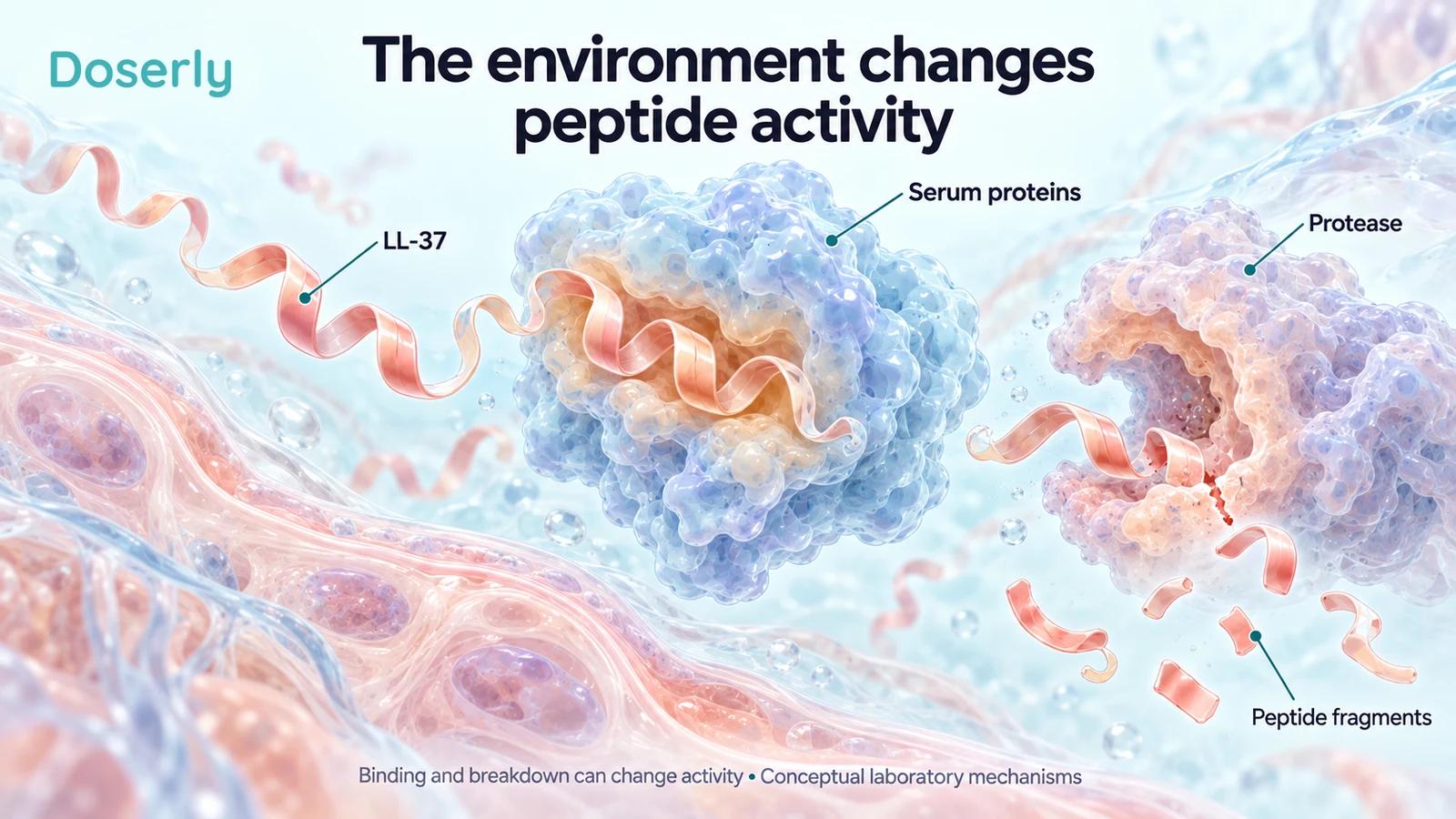 Conceptual LL-37 ribbon beside serum proteins, a protease and peptide fragments in tissue fluid.