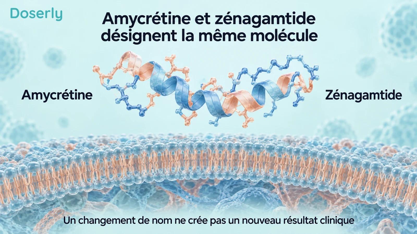 Un seul ruban peptidique conceptuel entre les noms amycrétine et zénagamtide, au-dessus d’une membrane cellulaire.
