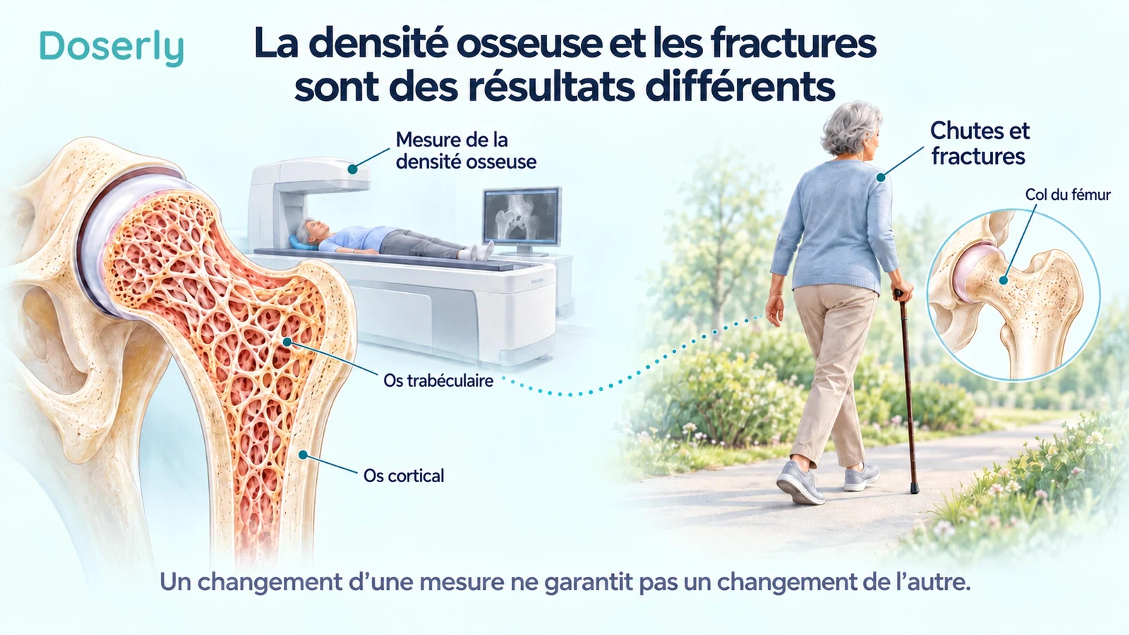 Un os de la hanche détaillé et un appareil de DXA sont présentés séparément d’une personne âgée marchant avec un soutien, pour distinguer la densité osseuse des résultats sur les fractures.