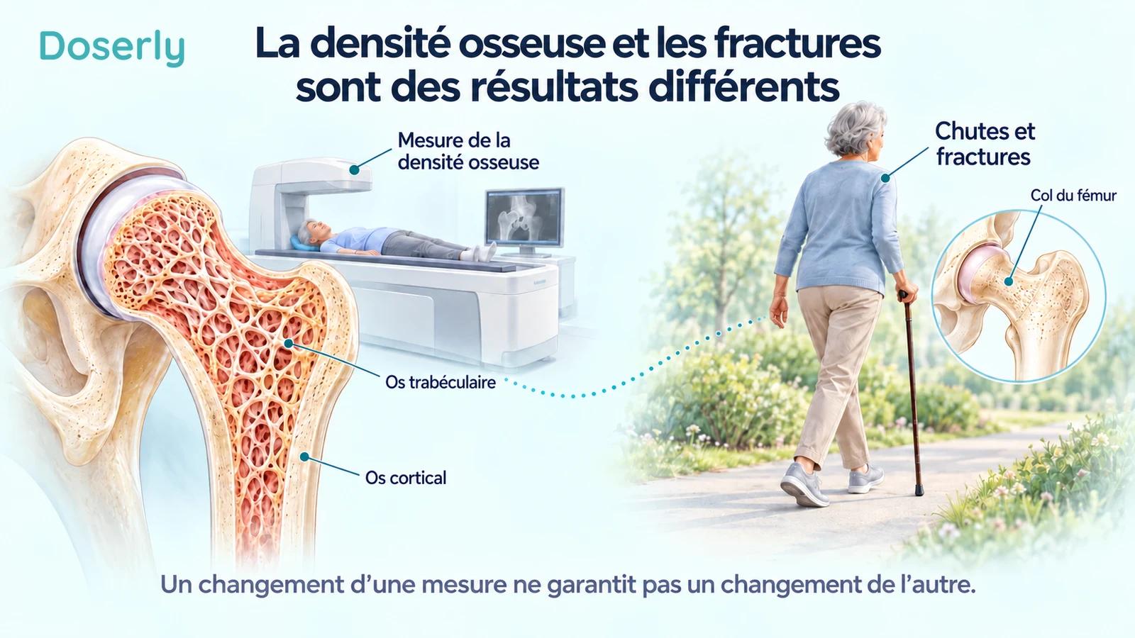 Un os de la hanche détaillé et un appareil de DXA sont présentés séparément d’une personne âgée marchant avec un soutien, pour distinguer la densité osseuse des résultats sur les fractures.