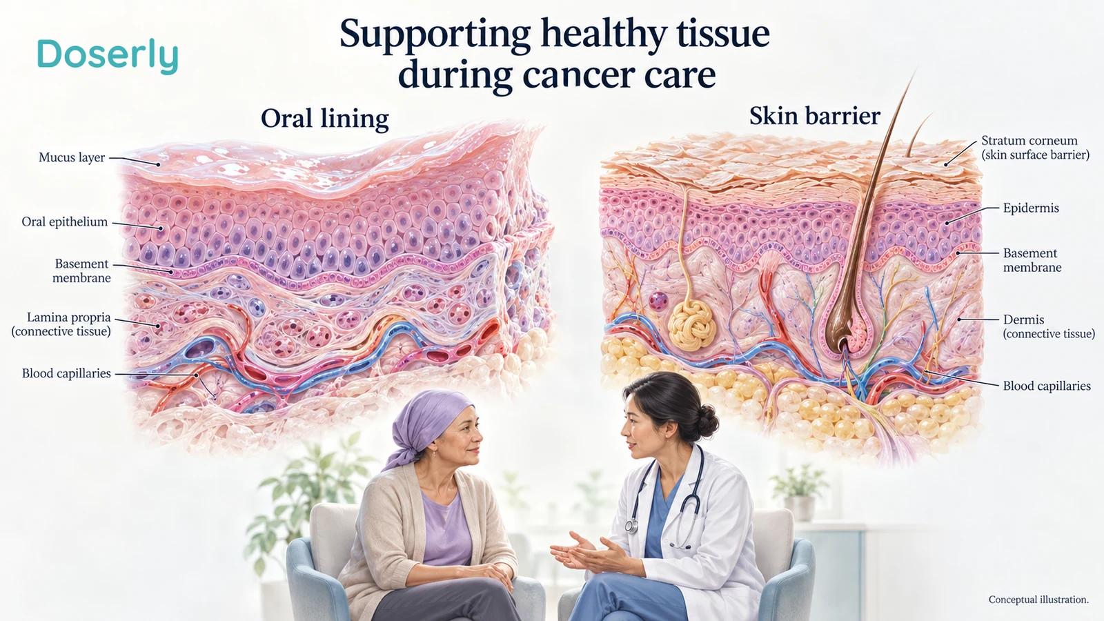 Detailed oral lining and skin cross-sections appear above a patient and clinician discussing supportive care.